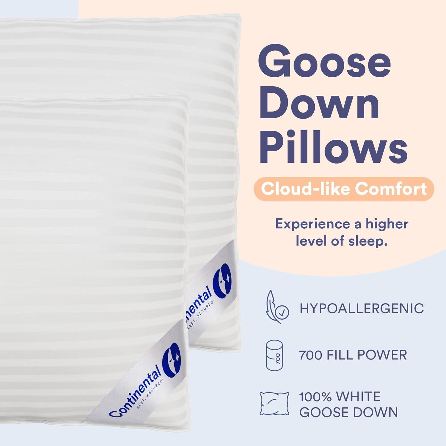 ContinentalBedding 700 Fill Power 100% White Goose Down Bed Pillows 100% Cotton Firm, Medium and Soft (1 Pillow)