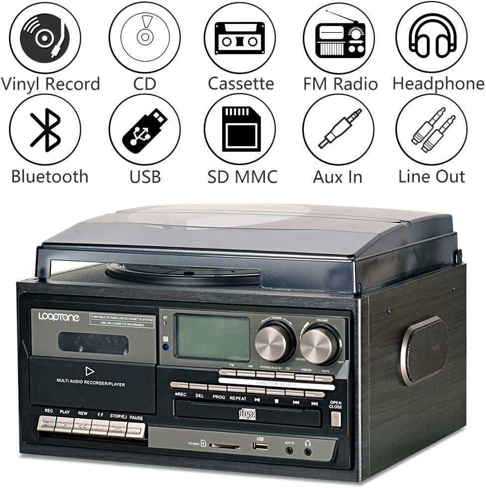Record Player 9 in 1 3 Speed Bluetooth Vintage Turntable CD Cassette Vinyl Player AM/FM Radio USB/SD Encoding Aux-in RCA Line-Out (Silver)