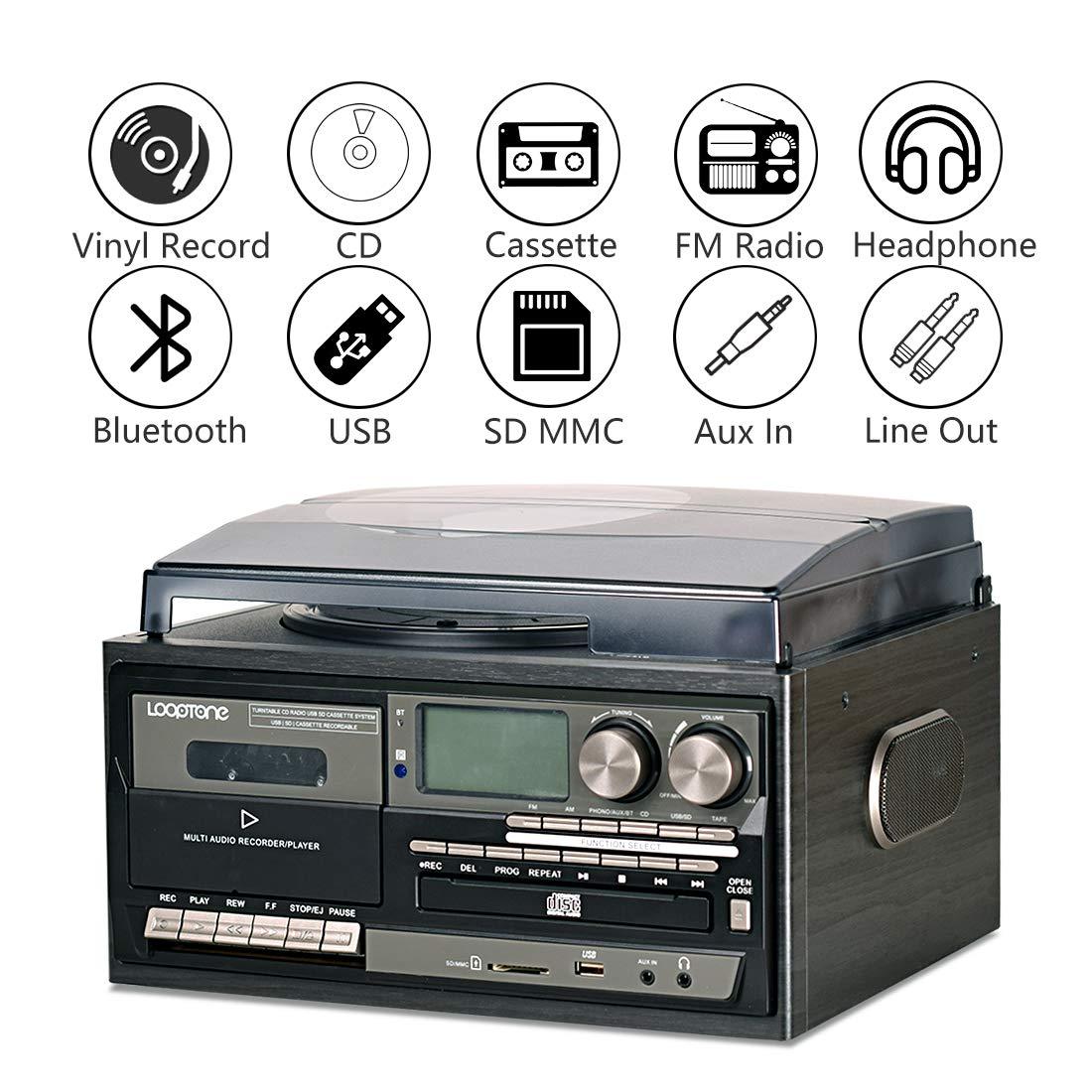 Record Player 9 in 1 3 Speed Bluetooth Vintage Turntable CD Cassette Vinyl Player AM/FM Radio USB/SD Encoding Aux-in RCA Line-Out (Silver)