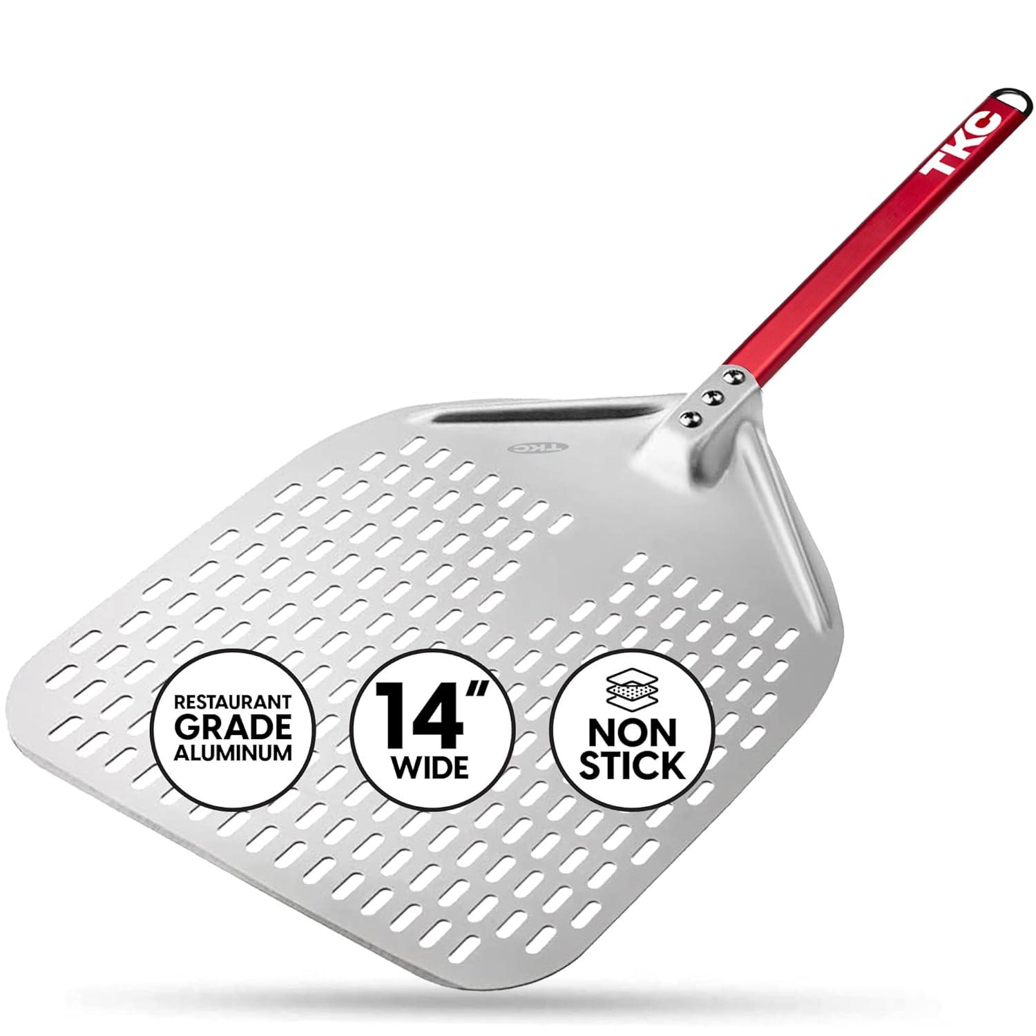 TKC Perforated Pizza Peel 14 Inch, Professional Aluminum Pizza Turning Peel, Long Handle Metal Pizza Spatula for Indoor and Outdoor, Lightweight Non-Stick, Ooni Pizza Oven Accessories