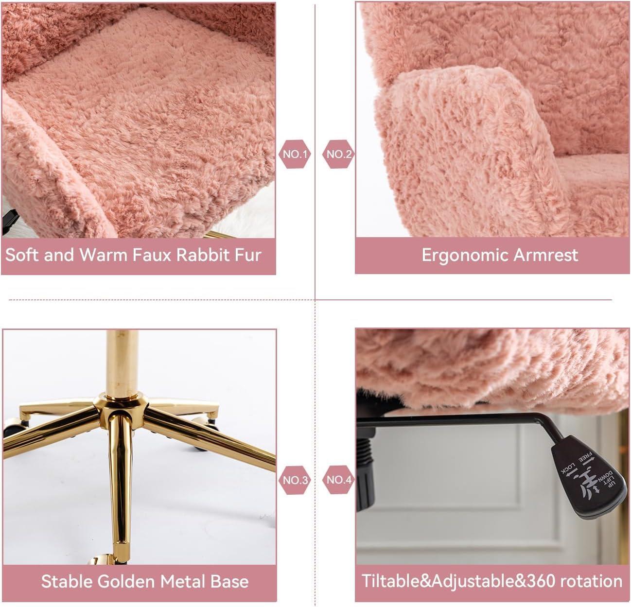 Pink Artificial Rabbit Fur Home Office Chair, Adjustable Swivel Desk Chair with Gold Metal Base and Wheels - The Pop Home