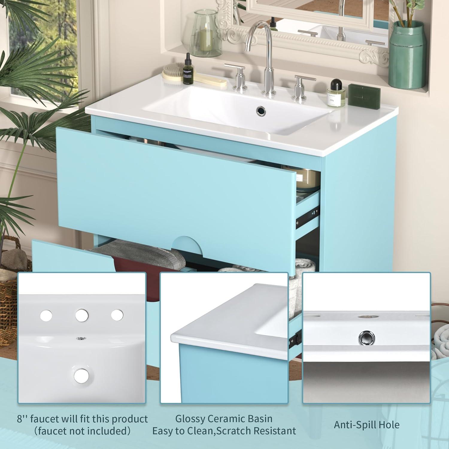 30 Inch Bathroom Vanity with Ceramic Sink, Modern Bathroom Storage Cabinet with Swirled Design, Vanities with 2 Drawers for Modern Minimalist Powder Room