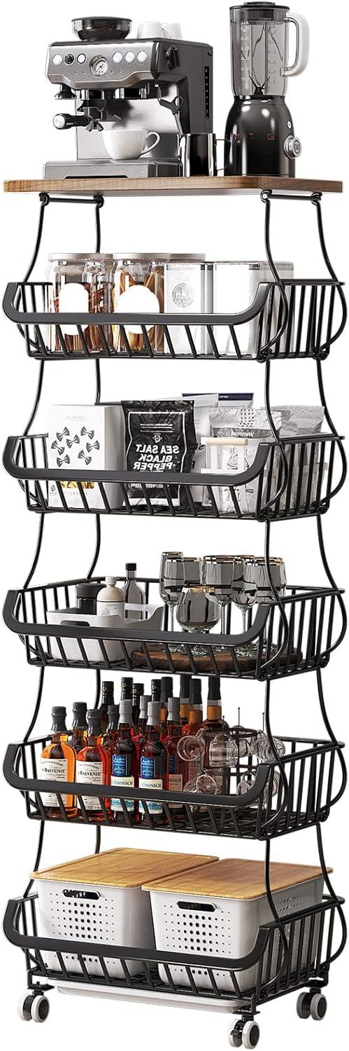 Wisdom Star 6 Tier Fruit Vegetable Basket for Kitchen with Wooden Tabletop, Storage Cart Vegetable Basket Bins for Onions and Potatoes, Wire Storage Basket Organizer Utility Cart with Wheels, Black