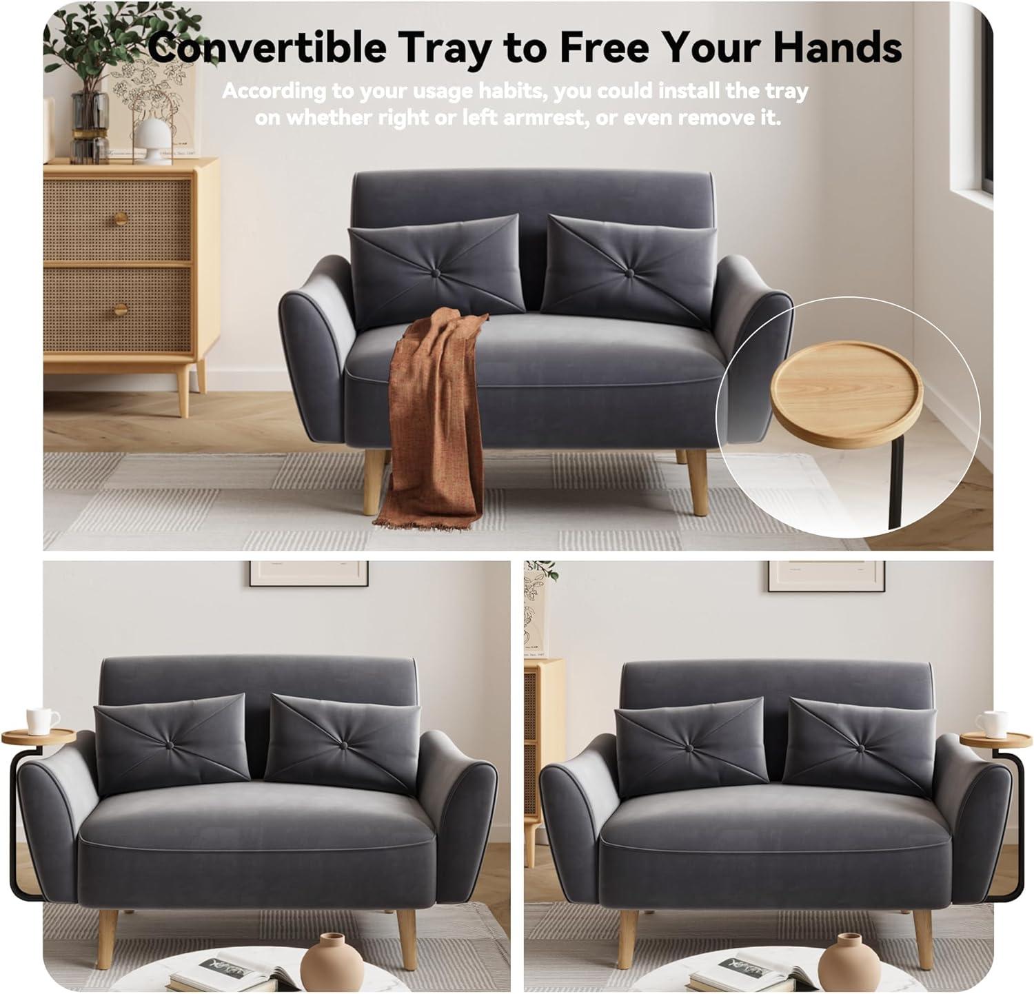 48" Loveseat Sofa，Small Sofas for Small Spaces，with 2 Pillows Convertible Sofa，for Living & Room，Children's Room，Apartment, Studio, Grey