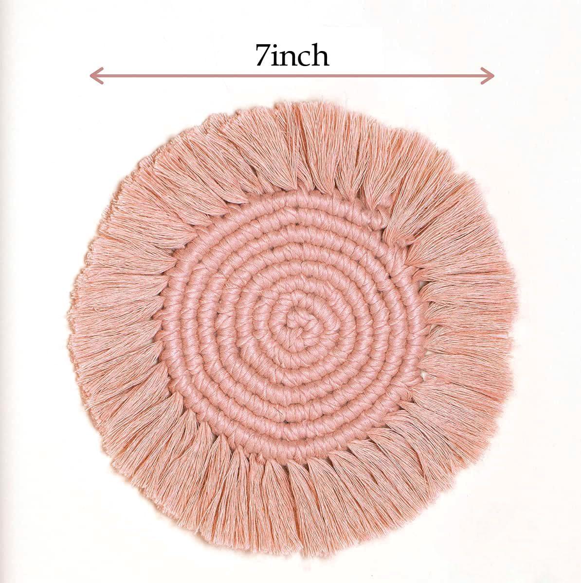 2 Posavasos Bohemios de Macramé para Bebidas, Posavasos Absorbentes con Borla, Posavasos Redondos de Algodón Hechos a Mano de 7 Pulgadas para Mesa de Escritorio, Cocina, Oficina, Hogar, Bar, Protección de Mesa, Regalo de Inauguración de la Casa, Rosa