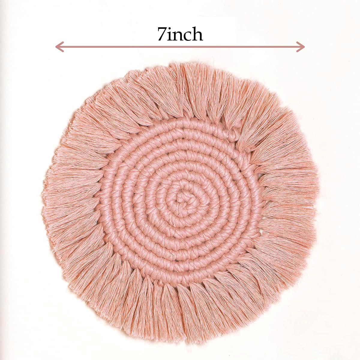 2 Posavasos Bohemios de Macramé para Bebidas, Posavasos Absorbentes con Borla, Posavasos Redondos de Algodón Hechos a Mano de 7 Pulgadas para Mesa de Escritorio, Cocina, Oficina, Hogar, Bar, Protección de Mesa, Regalo de Inauguración de la Casa, Rosa