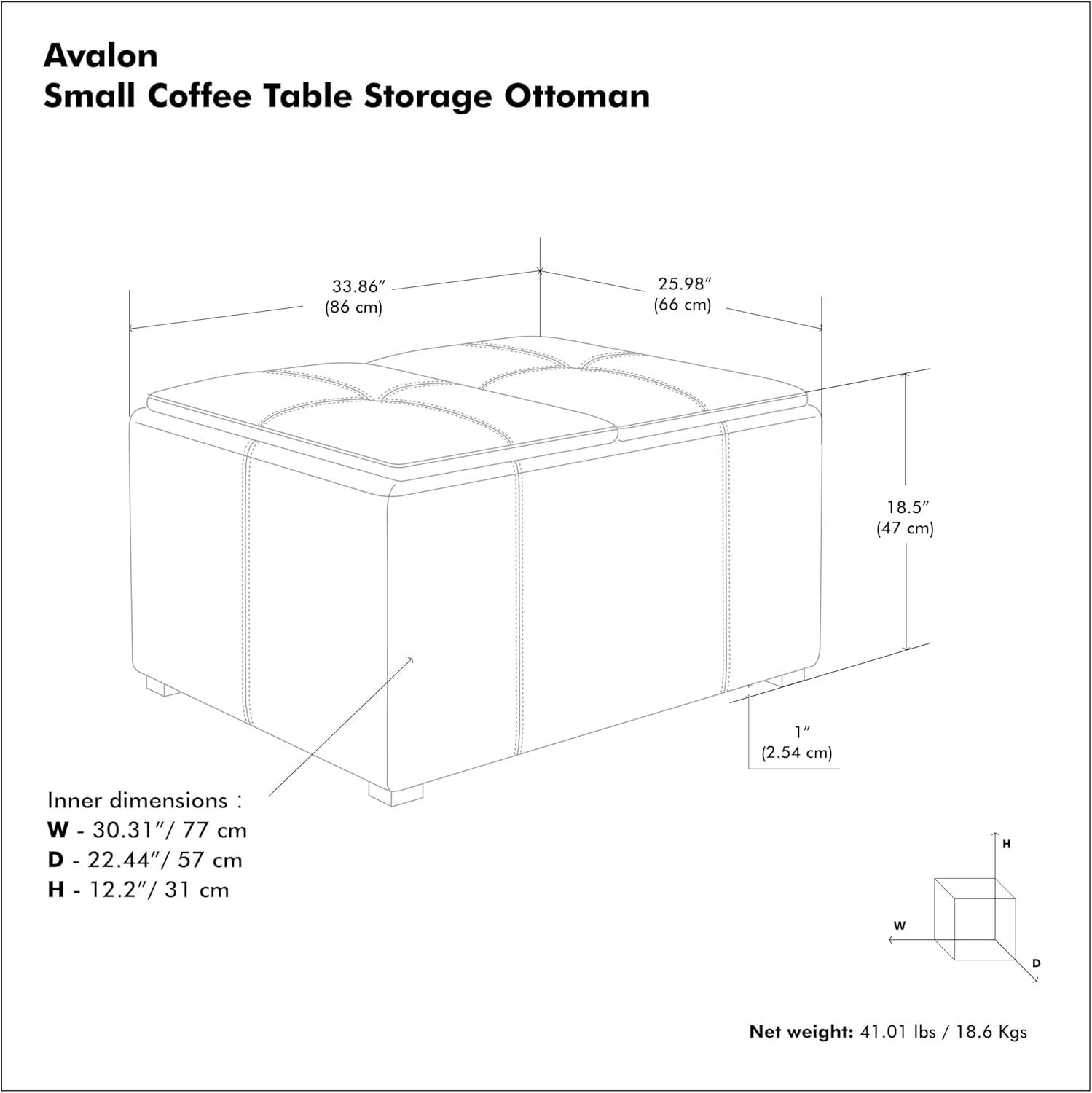 Simpli Home Avalon 34in.W Coffee Table Storage Ottoman in Midnight Black Faux Air Leather