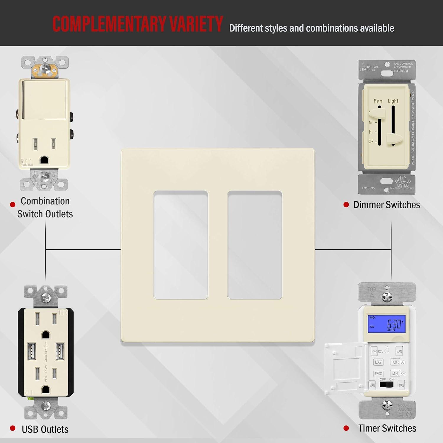 ENERLITES Screwless Decorator Wall Plate, Child Safe Outlet Cover, Standard Size 2-Gang, Polycarbonate Thermoplastic, Glossy, Light Almond