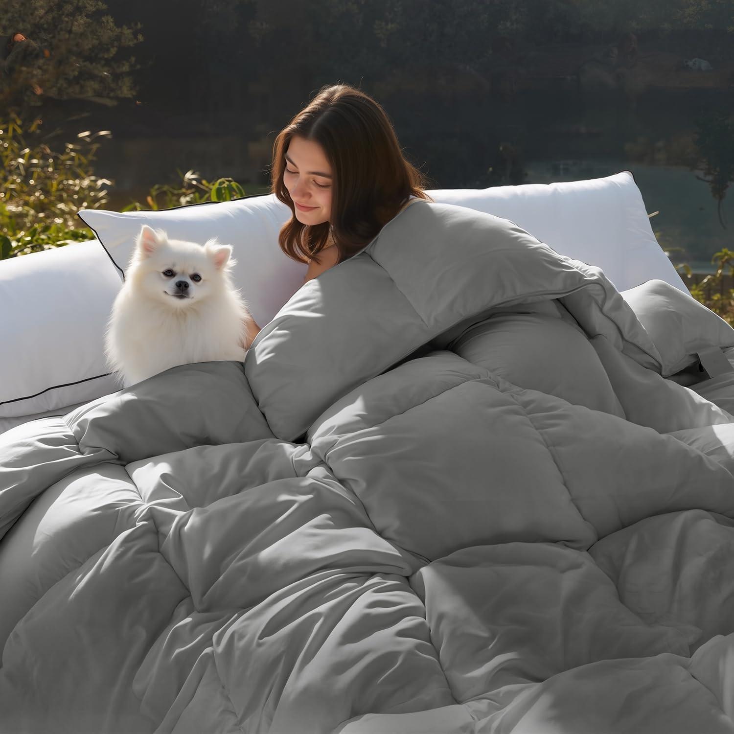 WarmKiss Queen Size Goose Feather Down Comforter – Ultra-Soft 100% Cotton Cover, Moisture-Wicking, Natural Kapok Fill, 46oz Medium Warmth, All-Season Fluffy Duvet Insert (90x90, Grey)
