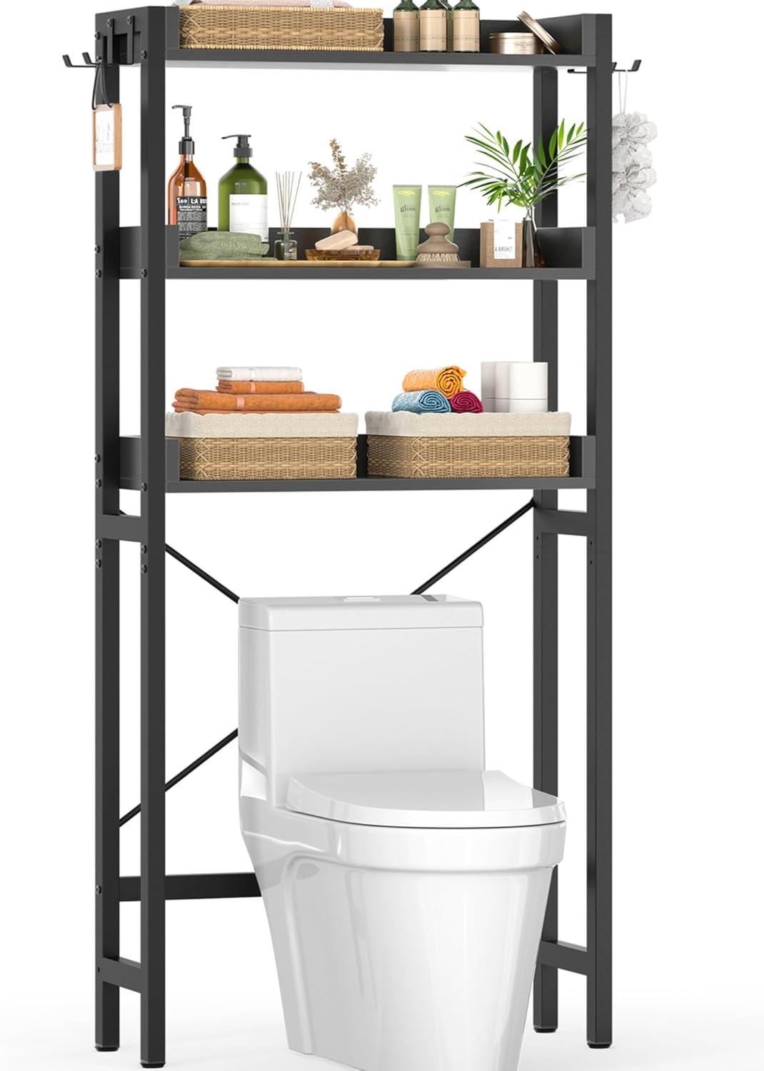 3-Tier Over The Toilet Storage, Space Saver Metal Bathroom Shelves, Freestanding Above Over Toilet Storage Shelf With 4 Hooks For Bathroom, Black