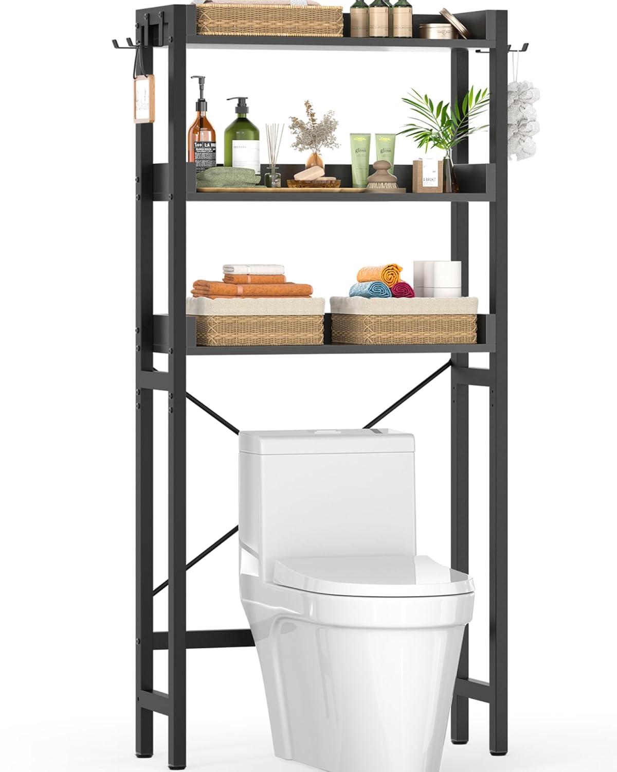 3-Tier Over The Toilet Storage, Space Saver Metal Bathroom Shelves, Freestanding Above Over Toilet Storage Shelf With 4 Hooks For Bathroom, Black