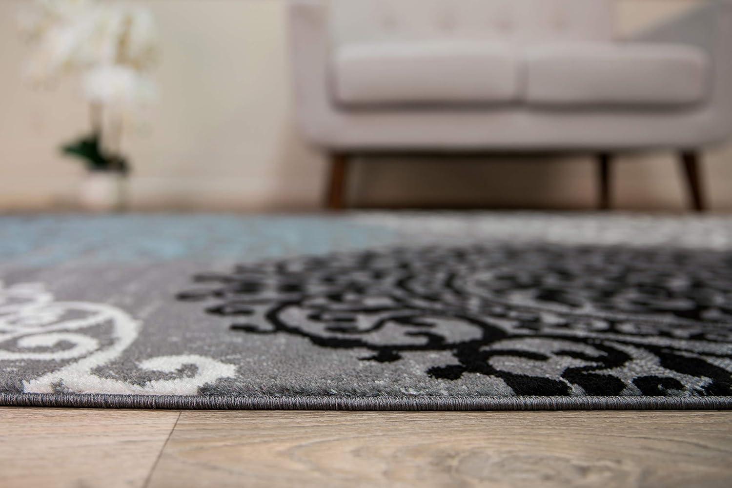 Gray and Blue Floral Synthetic Low Pile Area Rug