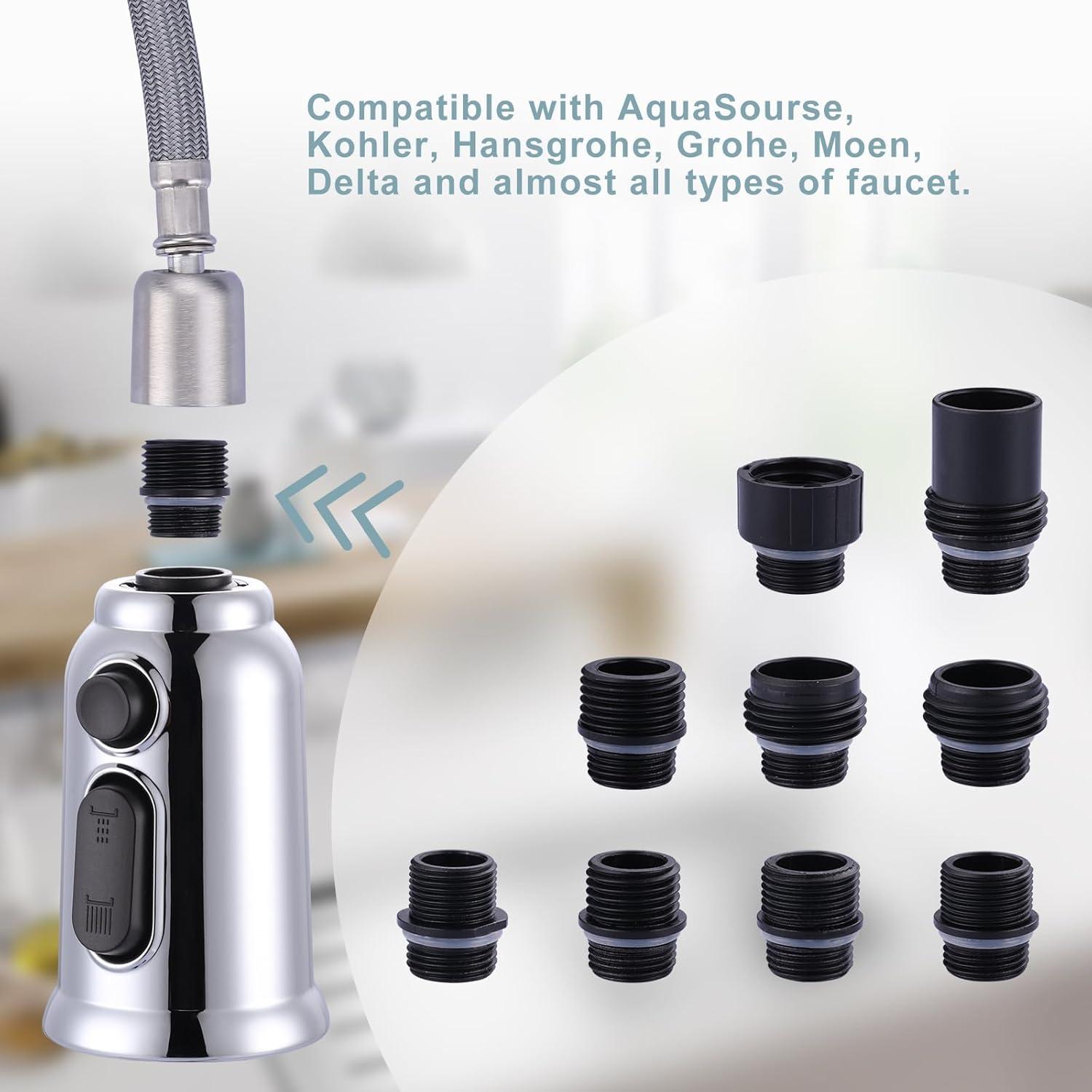 Chrome 3-Function Kitchen Faucet Spray Head with 9 Adapters