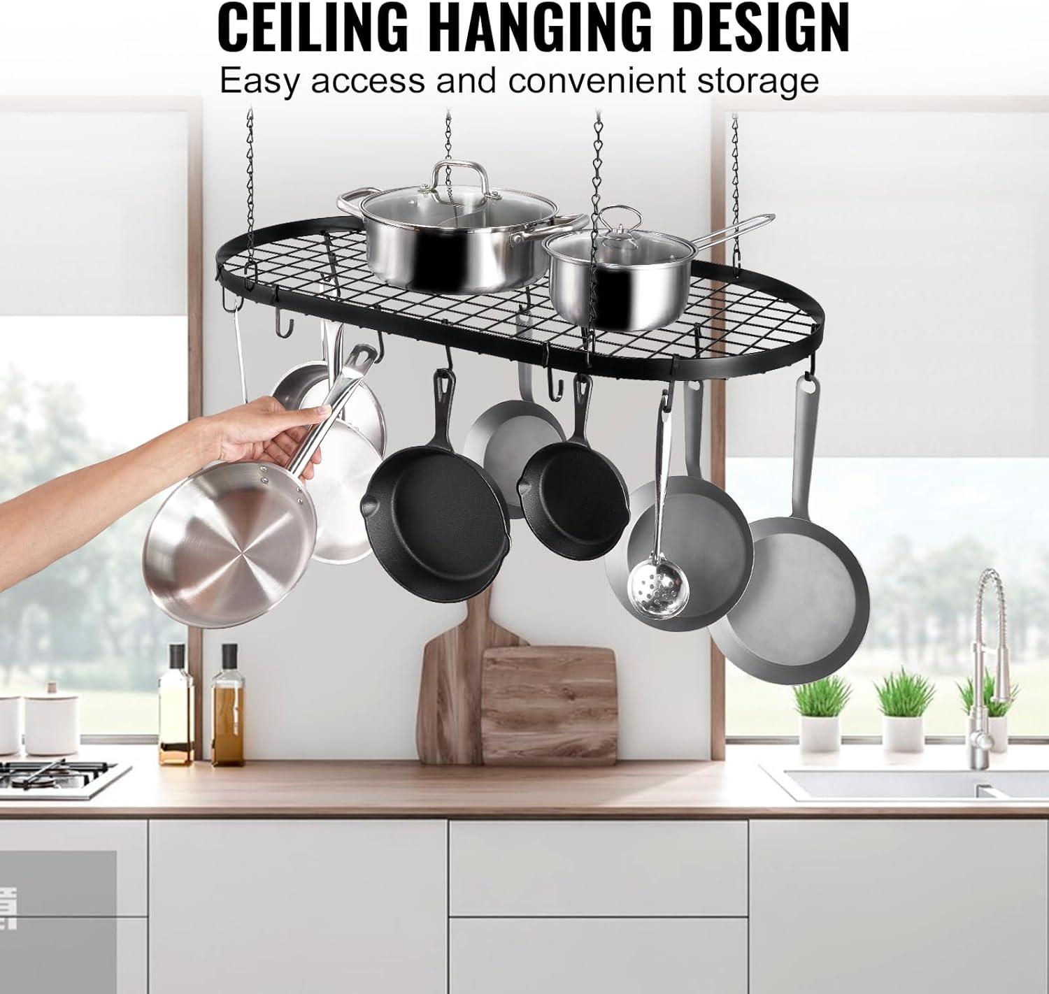 32 in. Hanging Pot Rack Hanging Pot Rack Ceiling Mount Loading Weight Ceiling Pot Rack with 12-S Hooks - 80 lbs