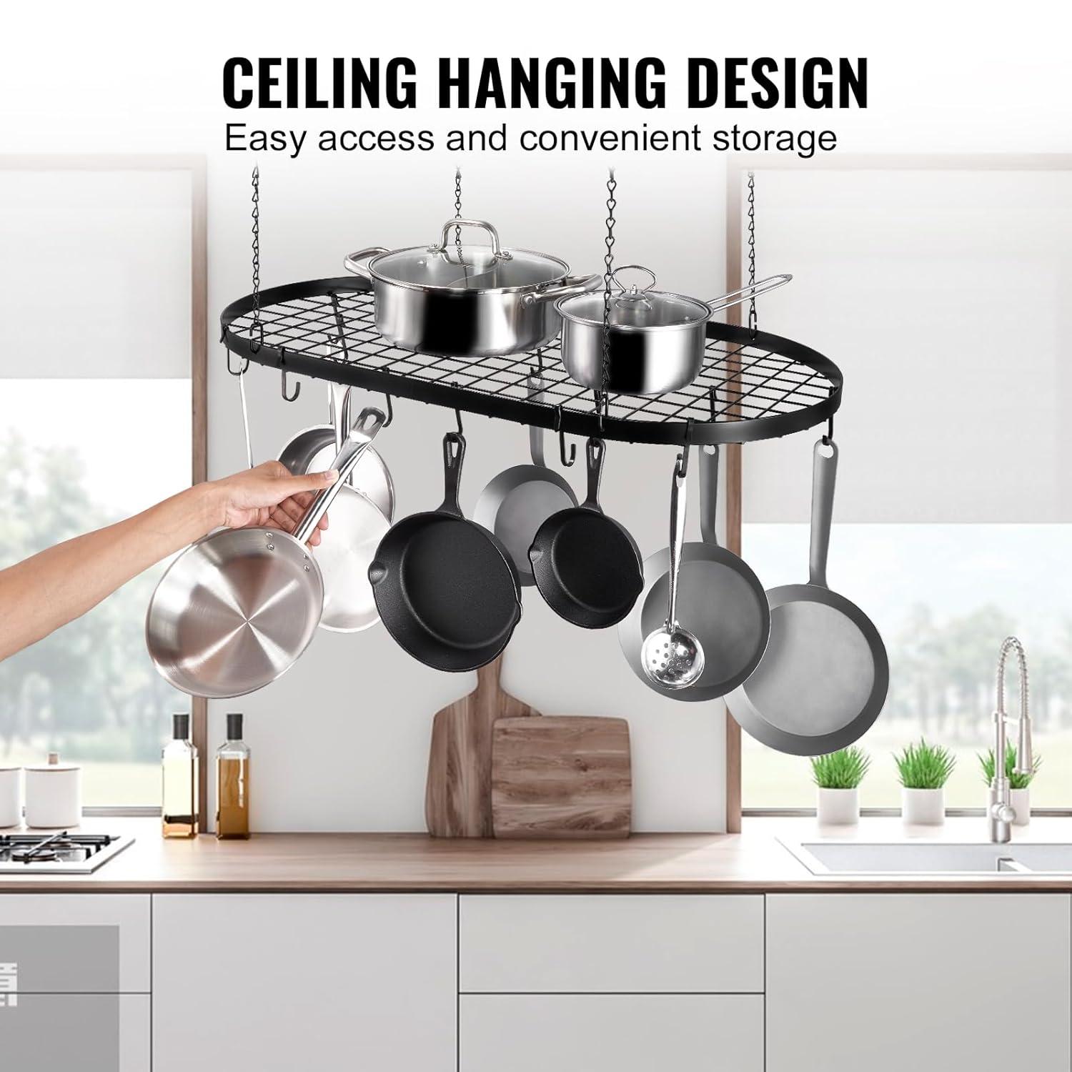 Prep & Savour Hanging Pot Rack, Hanging Pot Rack Ceiling Mount, Ceiling Pot Rack with 12 S Hooks