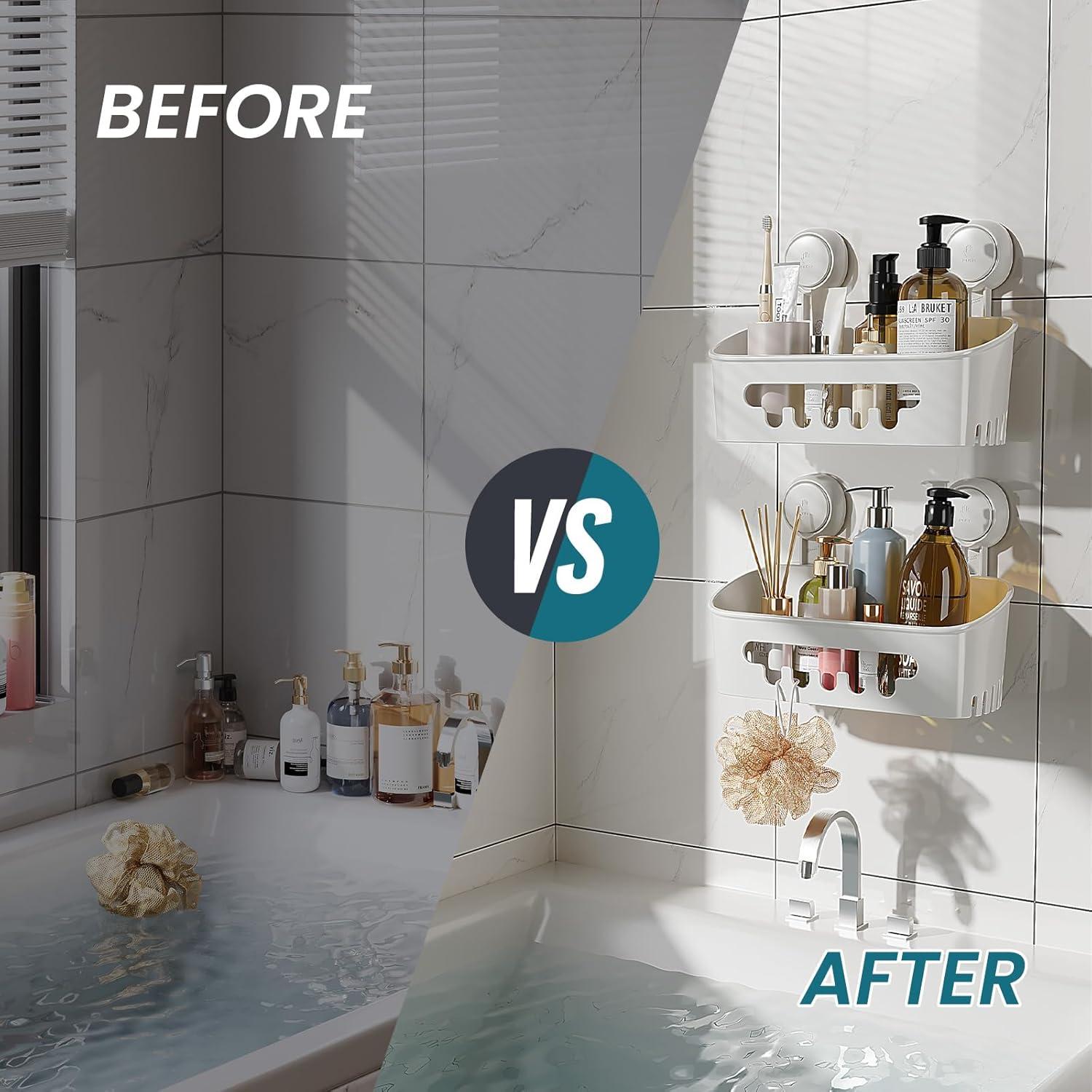 Rebrilliant Shower Caddy Suction Cup 2 Pack,Removable Shelves,Wall Mounted for Bathroom Accessories,White