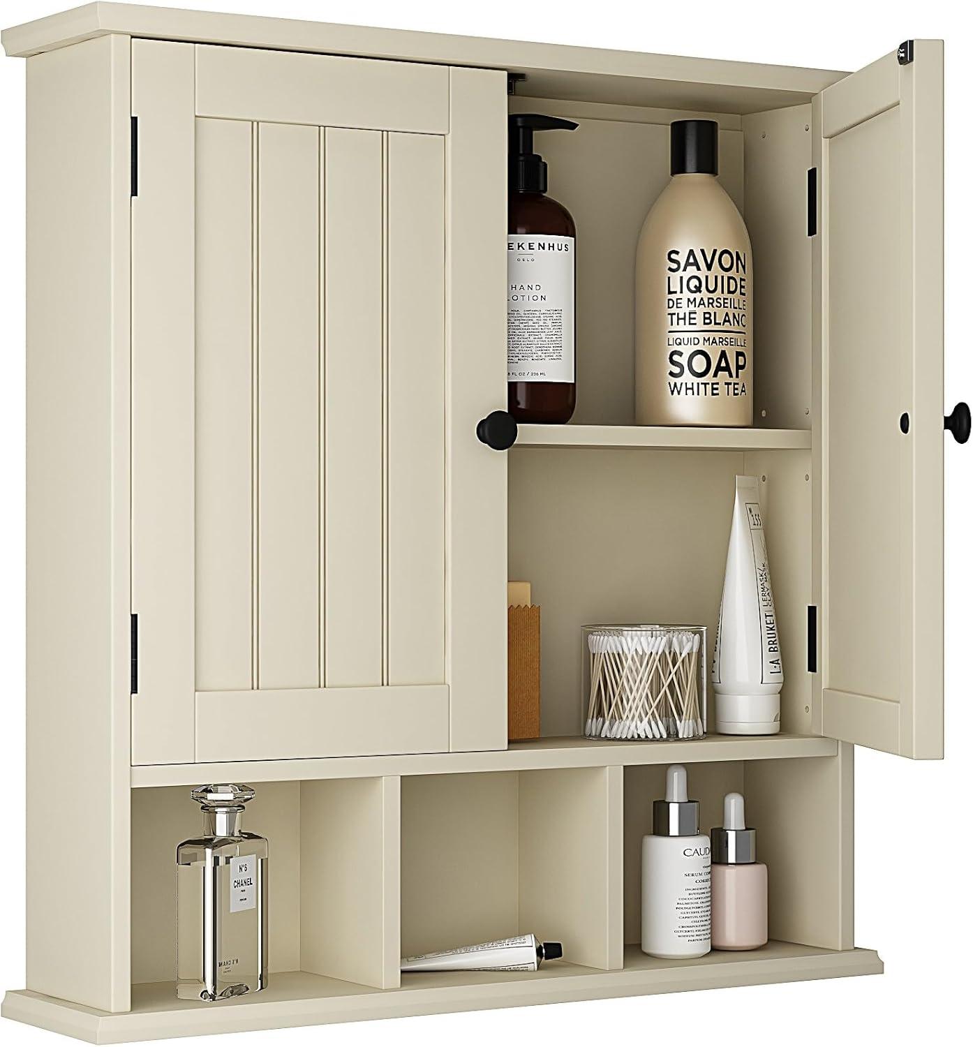 ChooChoo Bathroom Cabinet Wall Mounted 2-Door with 3 Open Shelves， Wooden Medicine Cabinets with Adjustable Shelf，Space Saver Storage Cabinets Over The Toilet for Bathroom&Living Room,Yellow