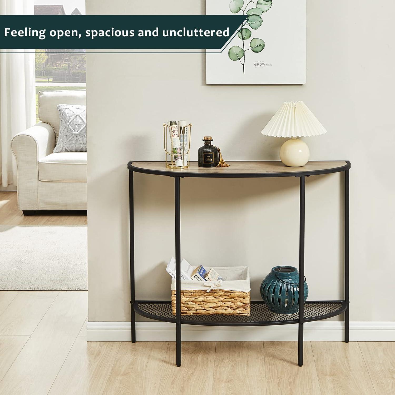 Gray and Black Half Moon Console Table with Storage Shelves