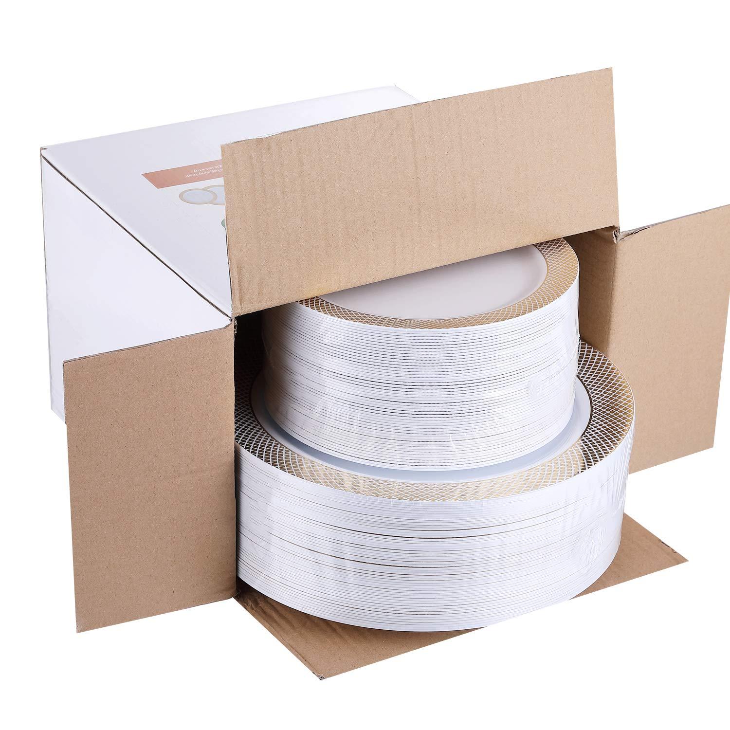 FOCUSLINE Gold Plastic Plates Set of 102, Disposable Plates with Gold Grid Rim 51 Dinner Plates 10" and 51 Salad Dessert Appetizer Plates 7", Elegant Fancy Heavy Duty Wedding Party Plates