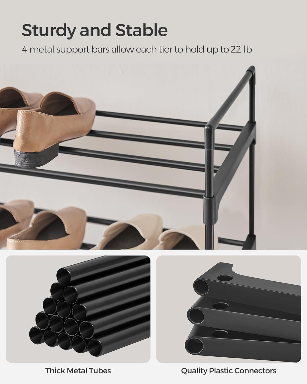 Black 4-Tier Metal and Plastic Stackable Shoe Rack