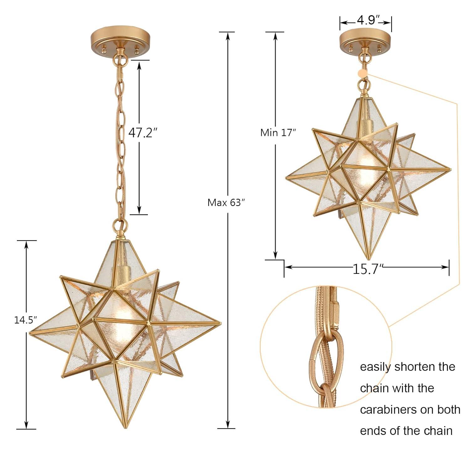 Moravian Star Pendant Chandelier Seeded Glass Gold Light 15 Inches
