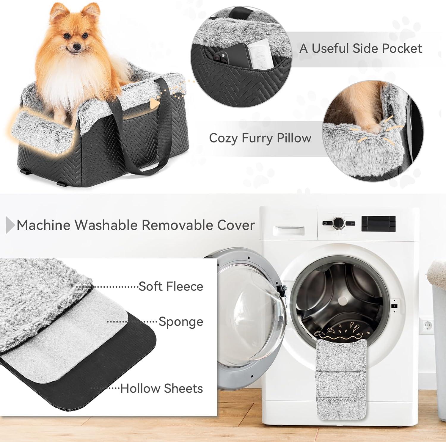 PETSFIT Small Dog Car Seat, Portable Dog Seat for Car with Safe Protective Hooks, Luxury Dog Console Car Seat,Up to 12 lbs,Grey