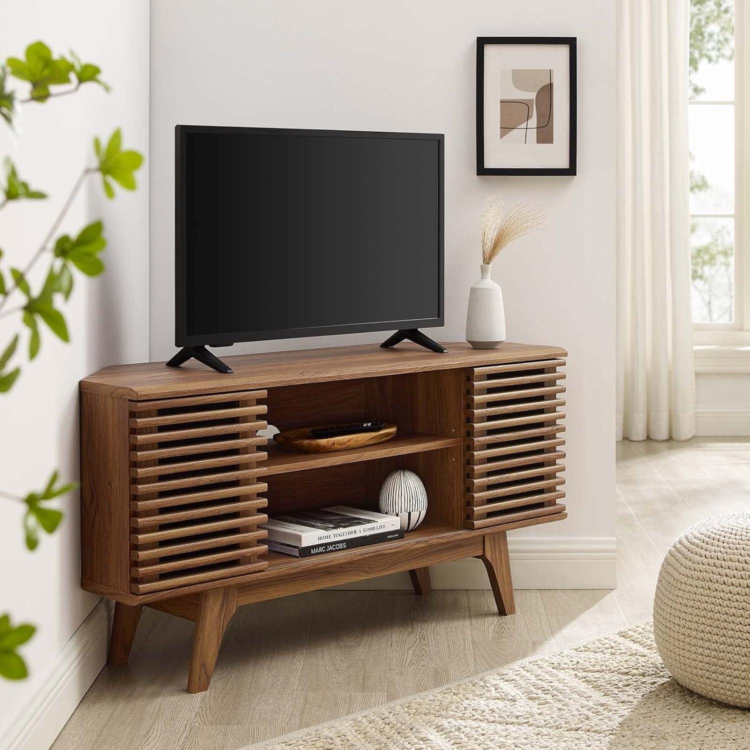 Walnut Mid-Century Modern Corner TV Stand with Sliding Doors