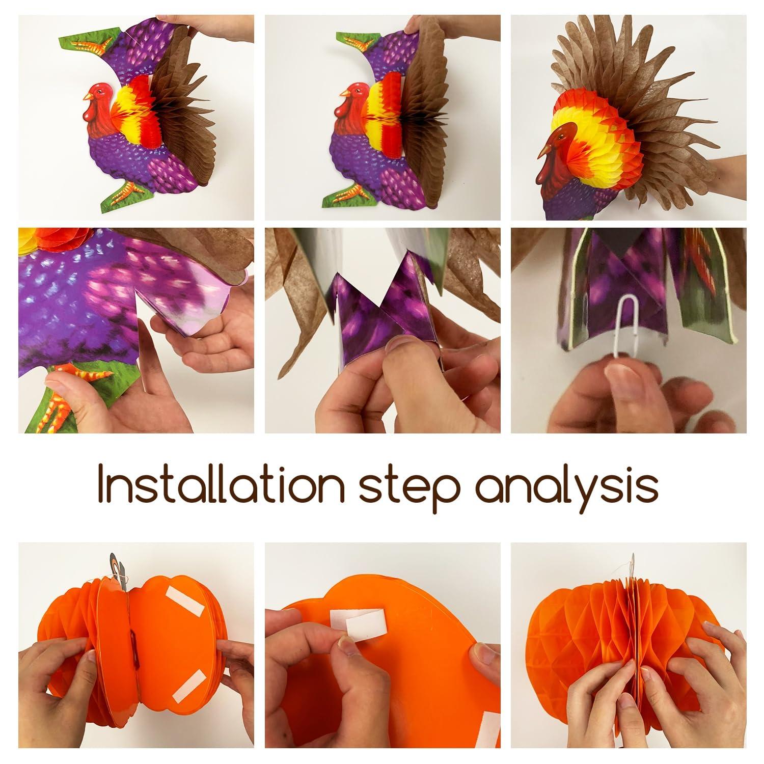 FORUP Thanksgiving Tissue Turkey Decorations - Turkey Pumpkin Centerpiece with Artificial Maple Leaves for Harvest Party Table Accessories