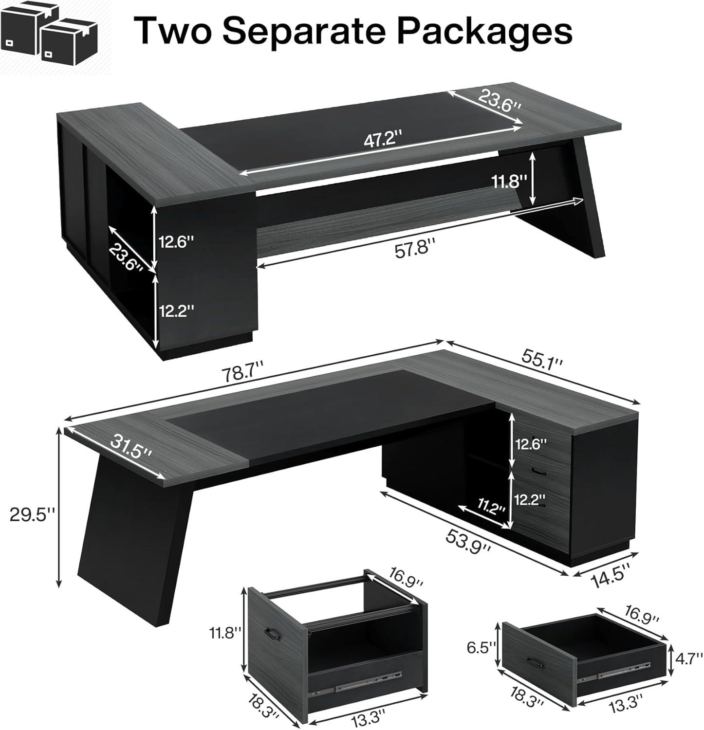 Tribesigns 78-Inch L-Shaped Executive Desk, Large Office Desk with Drawers and Lateral File Cabinet, Modern Computer Desk for Home Office, Gray & Black
