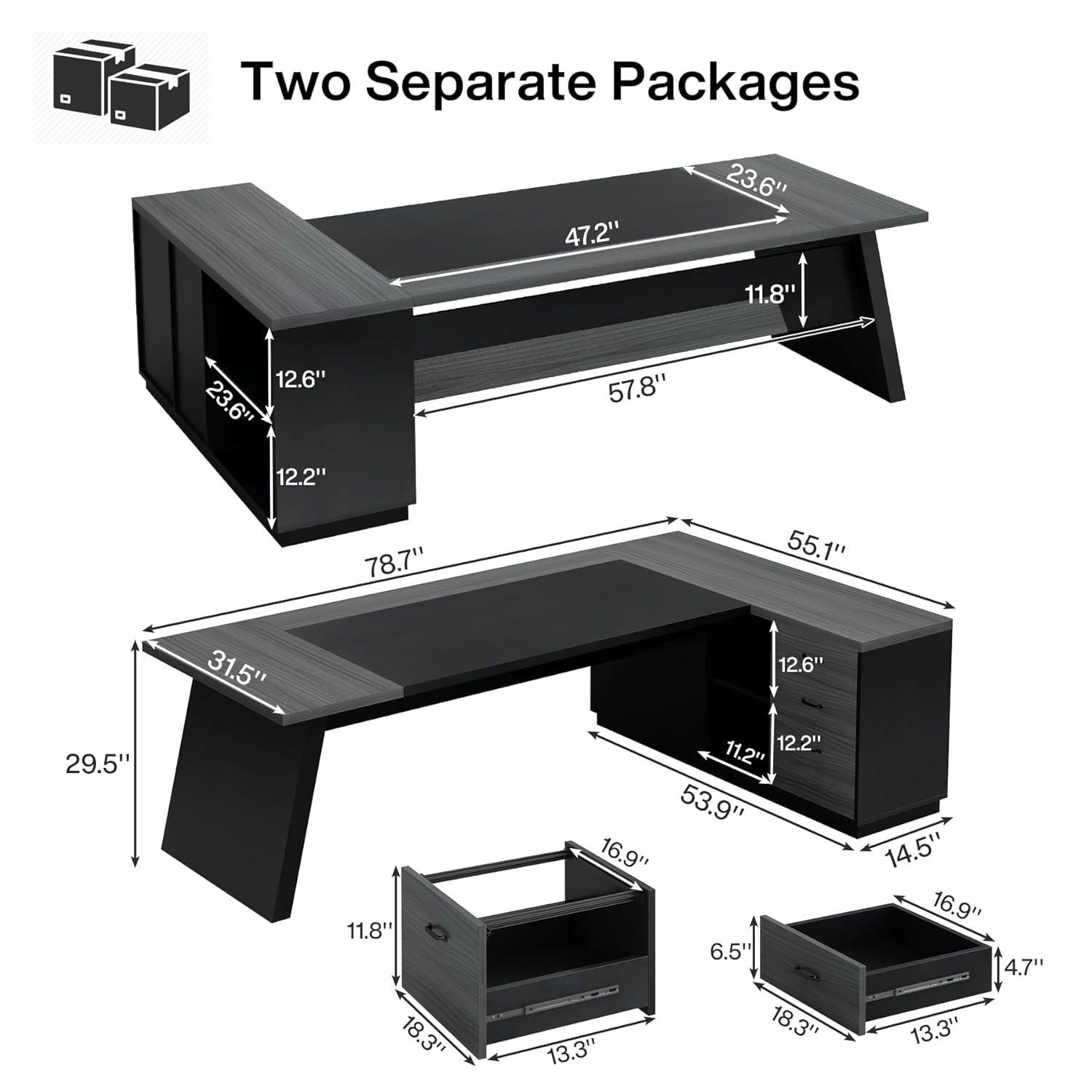 Tribesigns 78-Inch L-Shaped Executive Desk, Large Office Desk with Drawers and Lateral File Cabinet, Modern Computer Desk for Home Office, Gray & Black