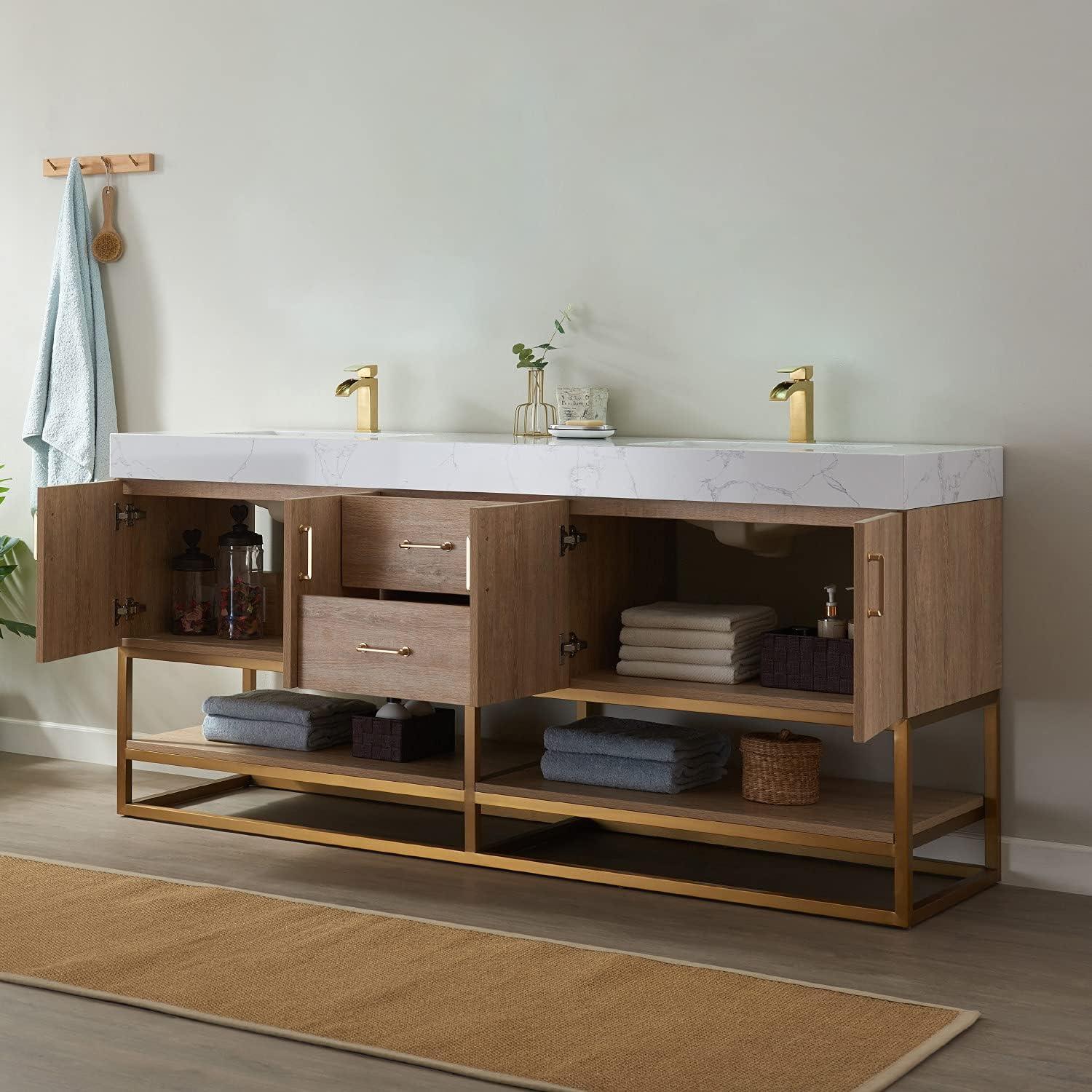 72-Inch Double Vanity with White Stone Countertop and Brushed Gold Trim