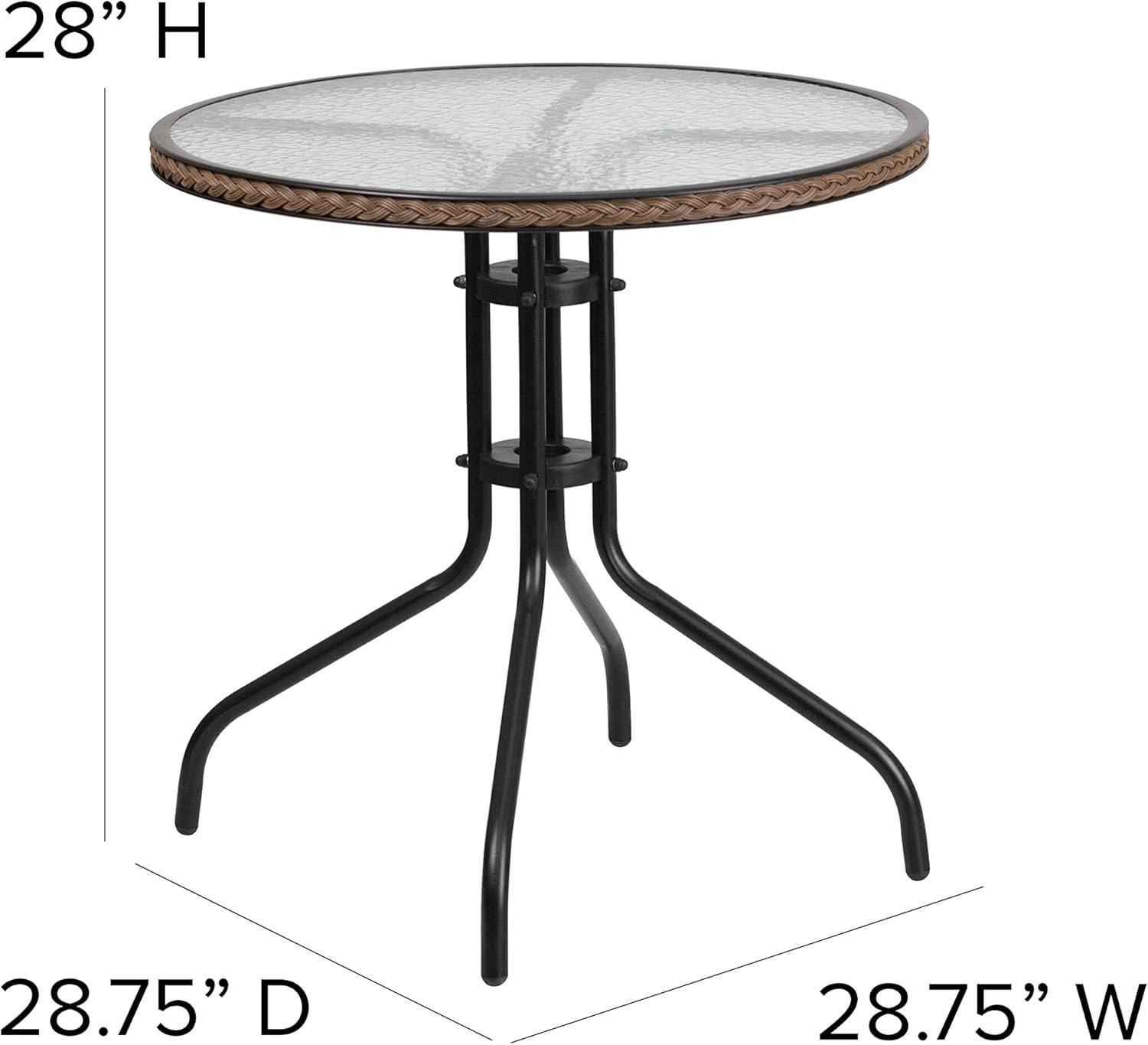 28'' Round Clear Glass Table with Dark Brown Rattan Edging