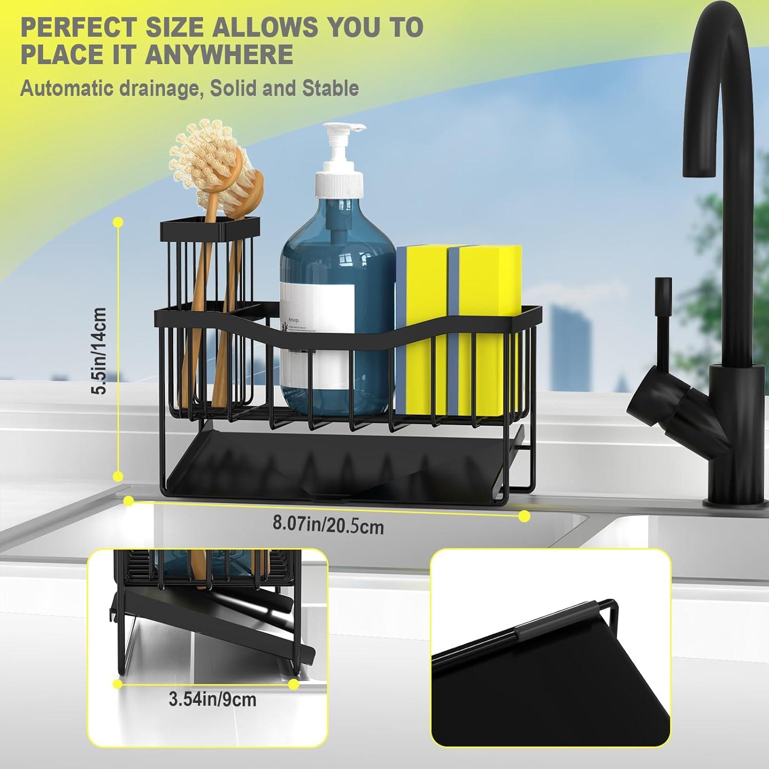 Maifan Sink Caddy Sponge Holder for Kitchen with Brush Holder and Stainless Steel Self Drain Tray, Rustproof Kitchen Sink Organizer for Sponge, Soap Dispenser Storage Accessories