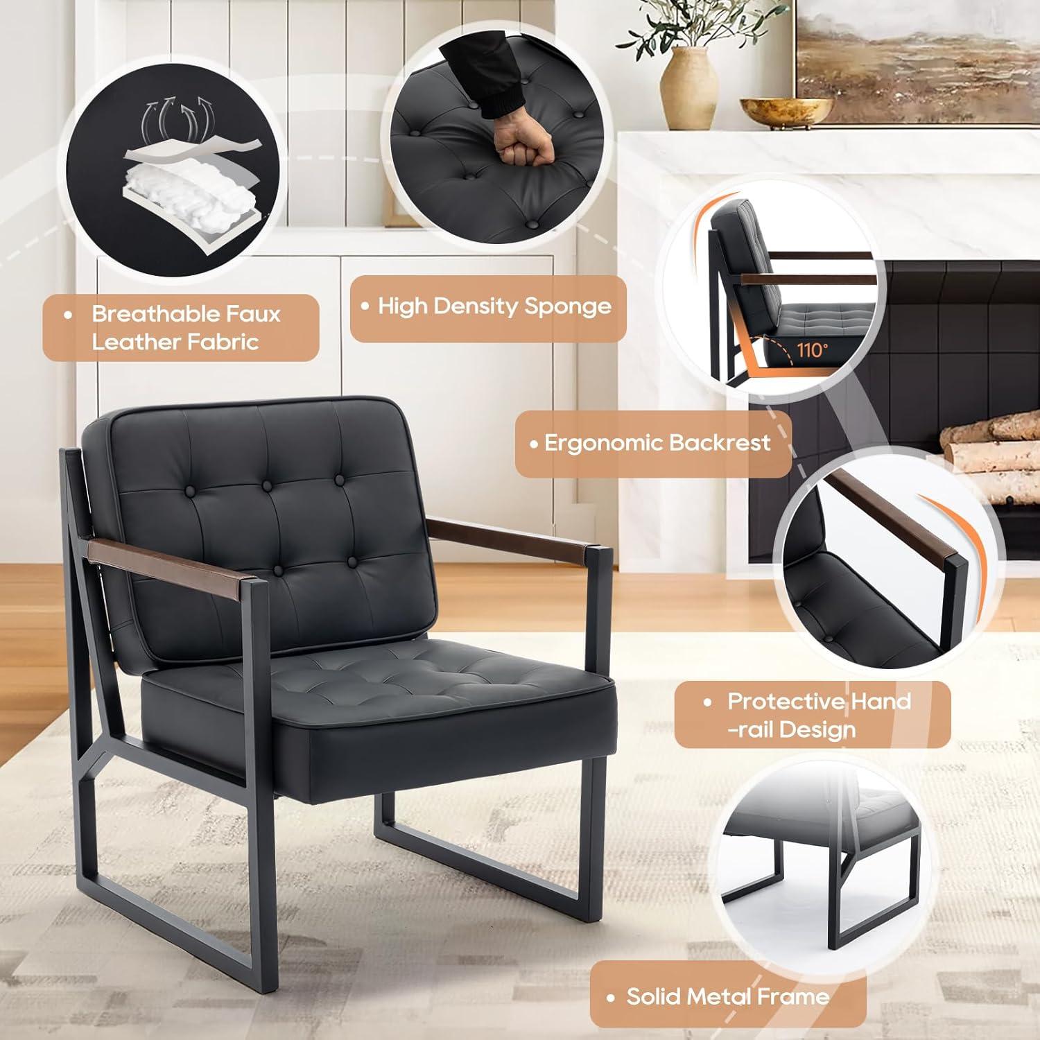 COLAMY Mid Century Modern Accent Chair, Comfy Living Room Chairs, Brown Leather Accent Chair, Faux Leather Reception Armchair with Metal Legs for Living Room Bedroom Reception Waiting Room, Brown