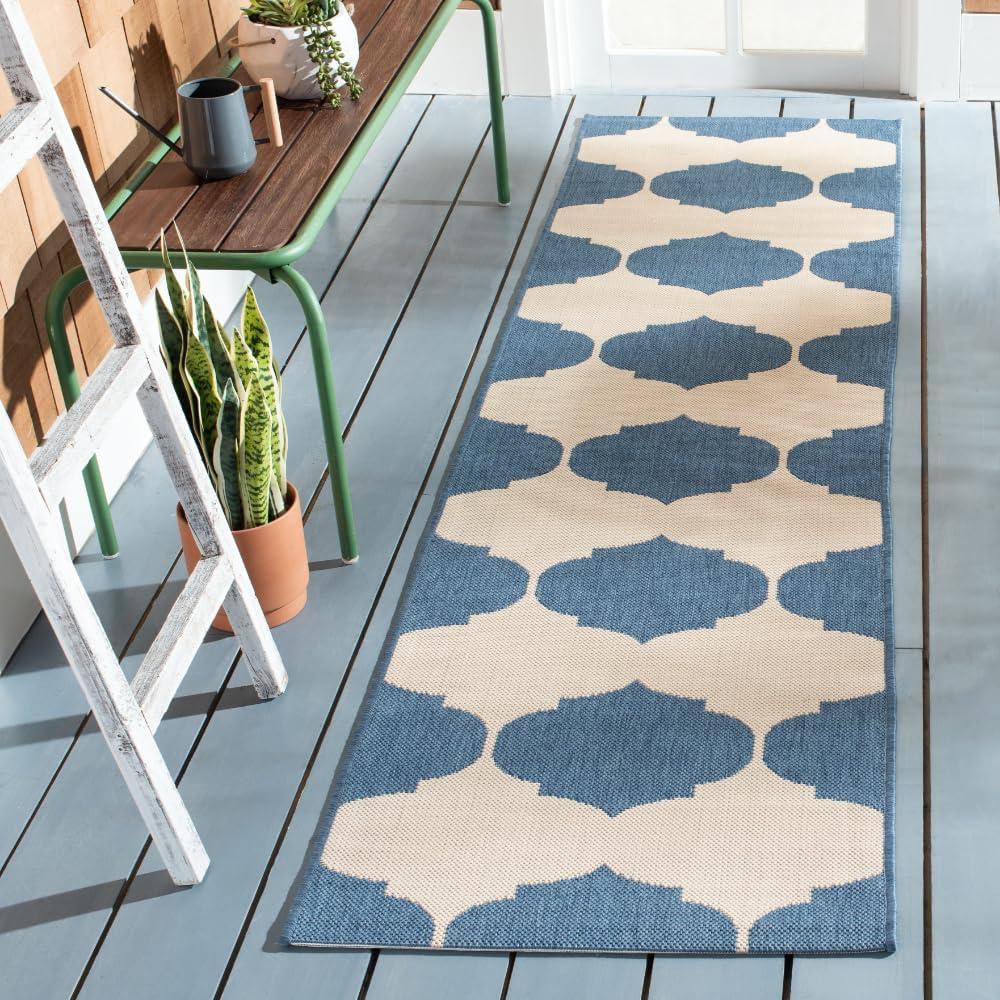 SAFAVIEH Courtyard Elwyn Geometric Trellis Indoor/Outdoor Runner Rug, 2'3" x 8', Beige/Blue