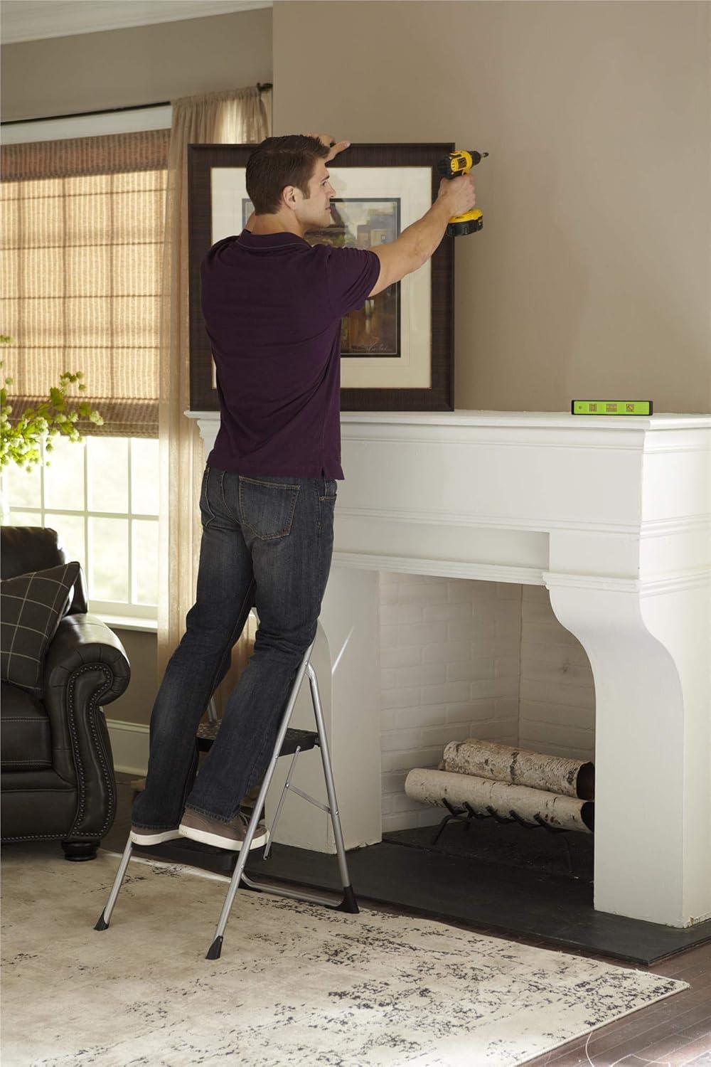 Gray Steel 2-Step Folding Step Stool with Black Resin Steps