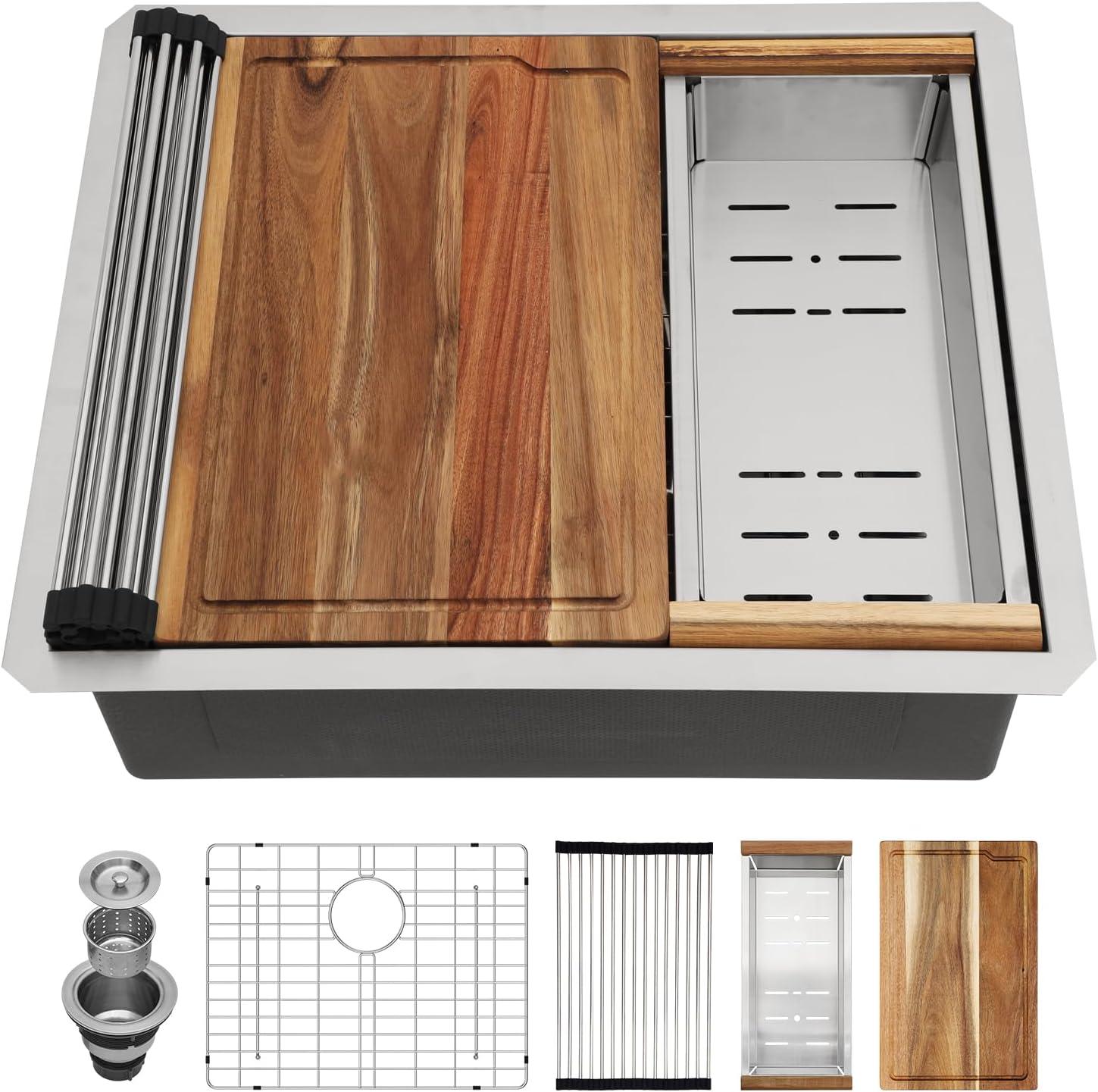 23x19 Inch Undermount Kitchen Workstation Sink - 16 Gauge 304 Stainless Steel Single Bowl With Ledge - Deep Handmade RV Bar Sink