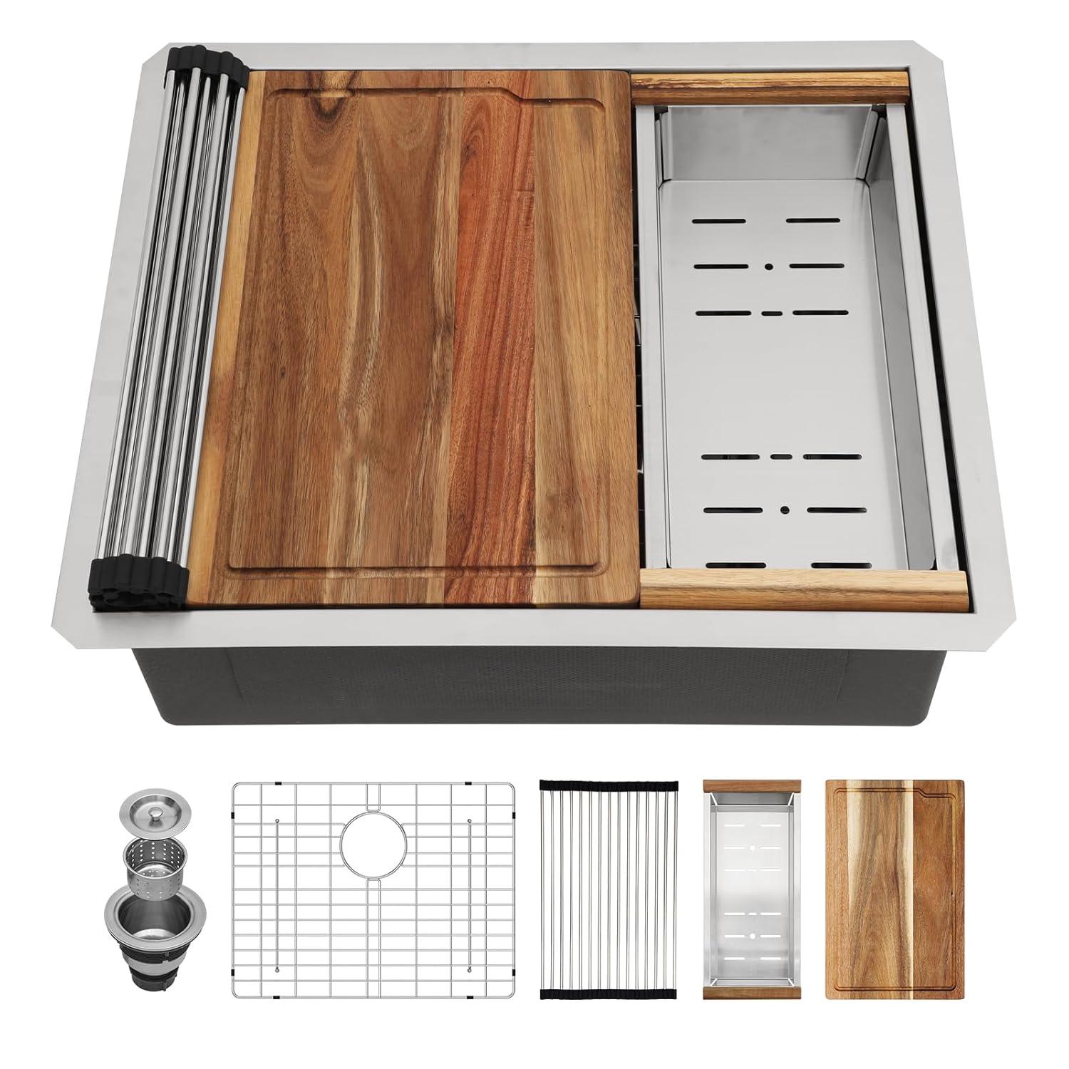 23x19 Inch Undermount Kitchen Workstation Sink - 16 Gauge 304 Stainless Steel Single Bowl With Ledge - Deep Handmade RV Bar Sink