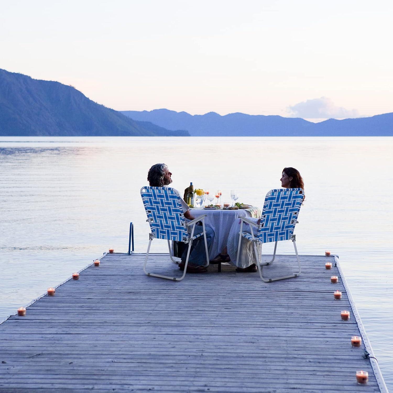 Set of 2 Blue Webbed Folding Camping Chairs with Arms