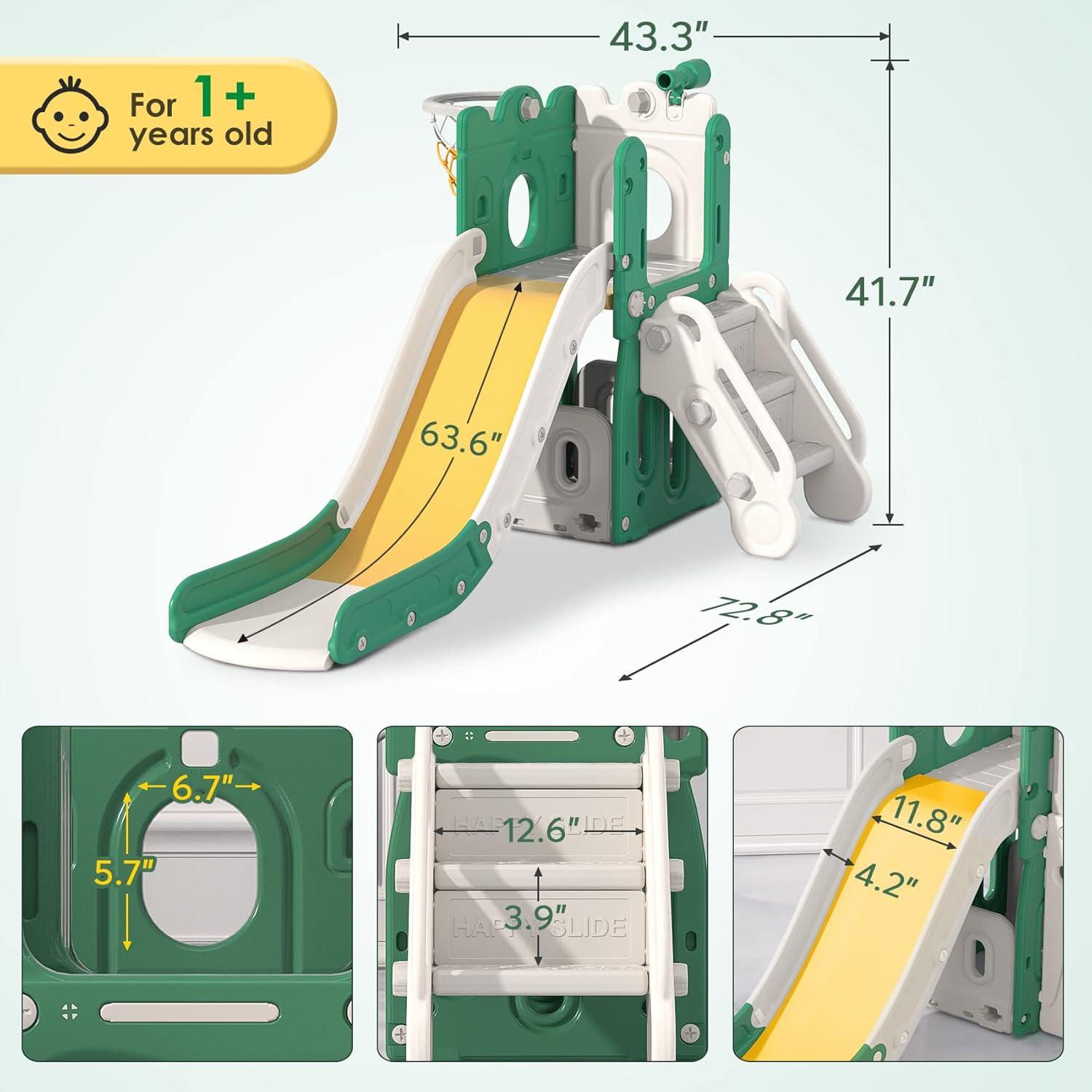 Green and Yellow L-Shaped 7-in-1 Toddler Slide with Basketball Hoop