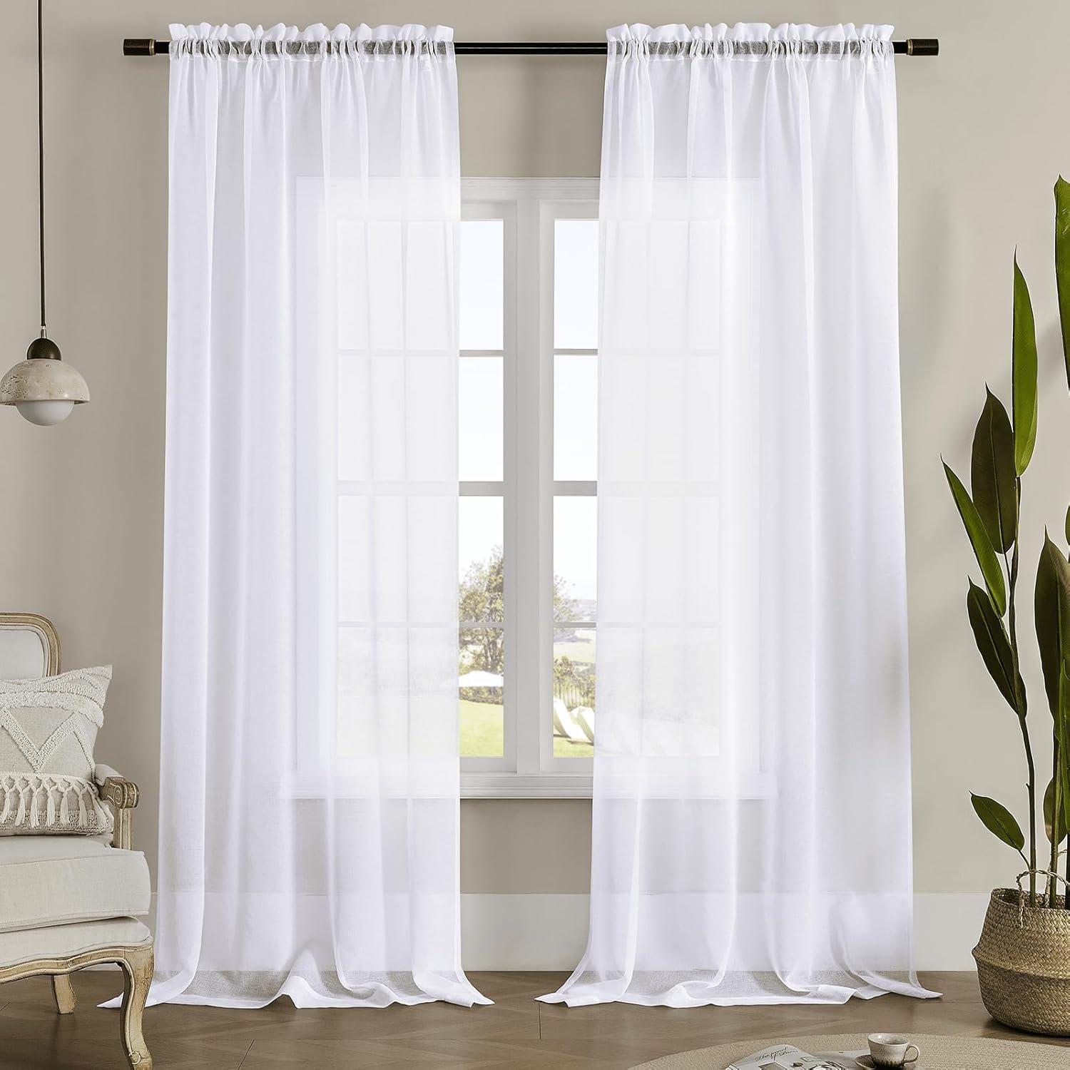 MYSTIC-HOME Sheer Curtains White 95 Inches Long, Window Treatments Rod Pocket Drapes for Living Room, Bedroom, Semi Crinkle Voile Curtain Panels for Yard, Patio, Villa, Parlor, Set of 2, 52"