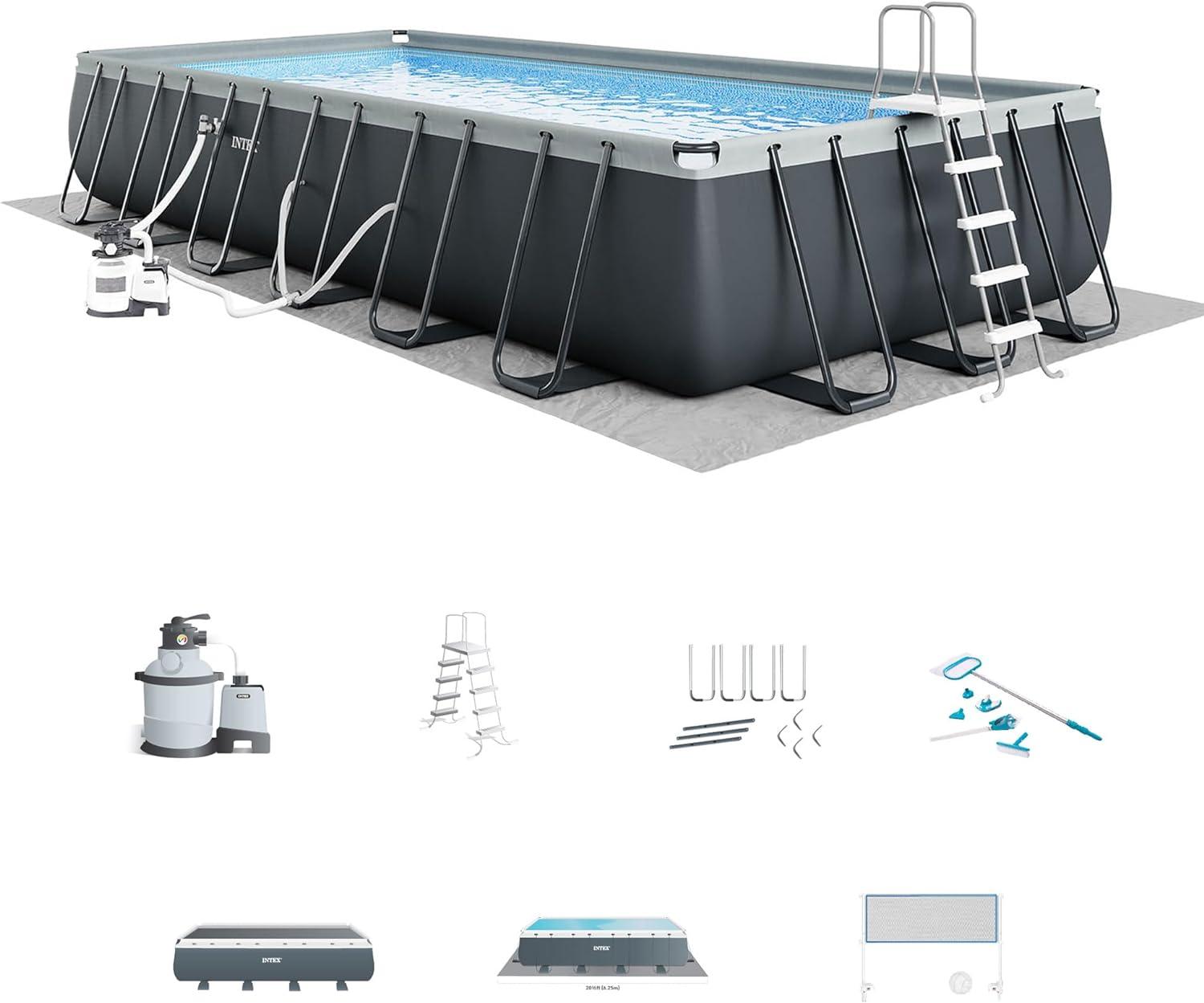 Gray 24ft Rectangular Steel Frame Pool with Pump and Filter