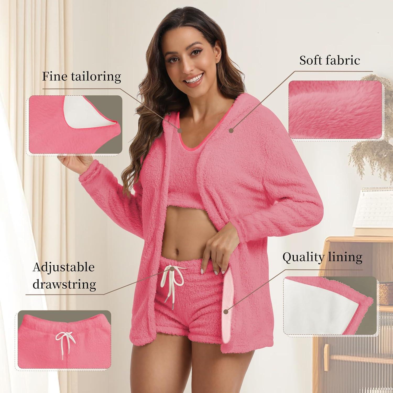cheibear Women's Fuzzy Fleece Soft Coat Jacket and Crop Top with Shorts 3-Piece Pajamas Lounge Set Pink Small