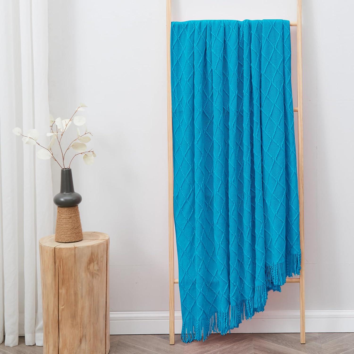 Teal Wool Knitted Lightweight Throw Blanket with Tassels