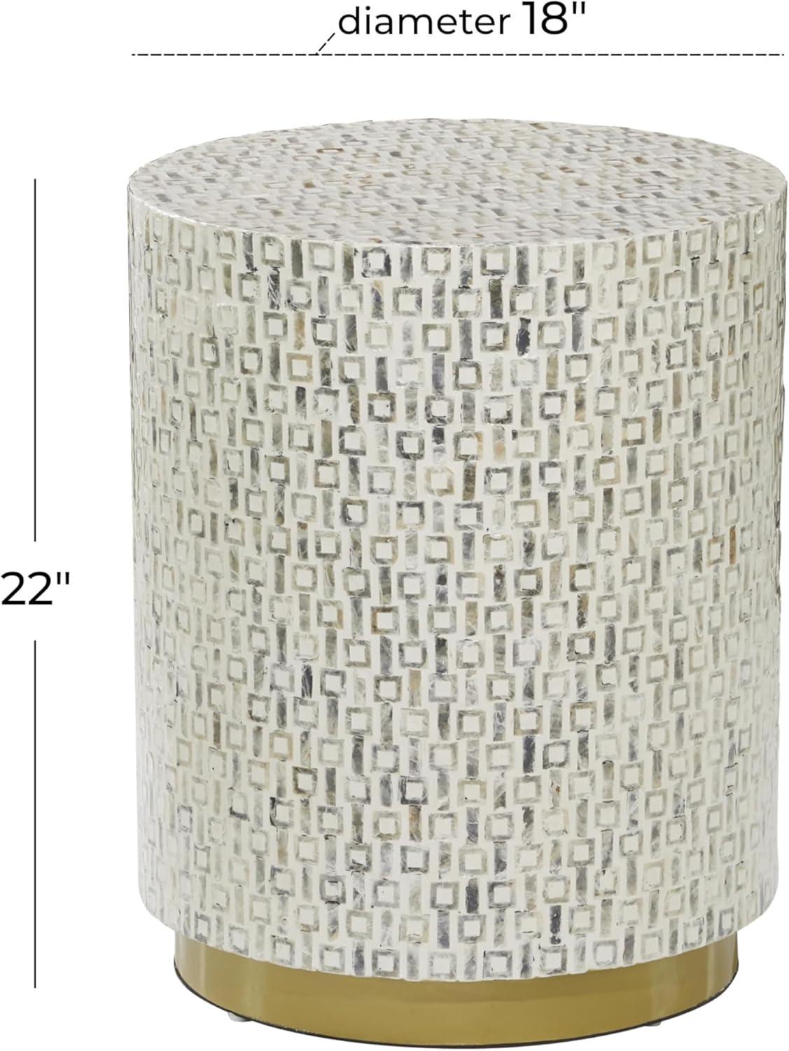 DecMode 18" x 22" White Mother of Pearl Accent Table with Gold Base and Geometric Patterns, 1-Piece