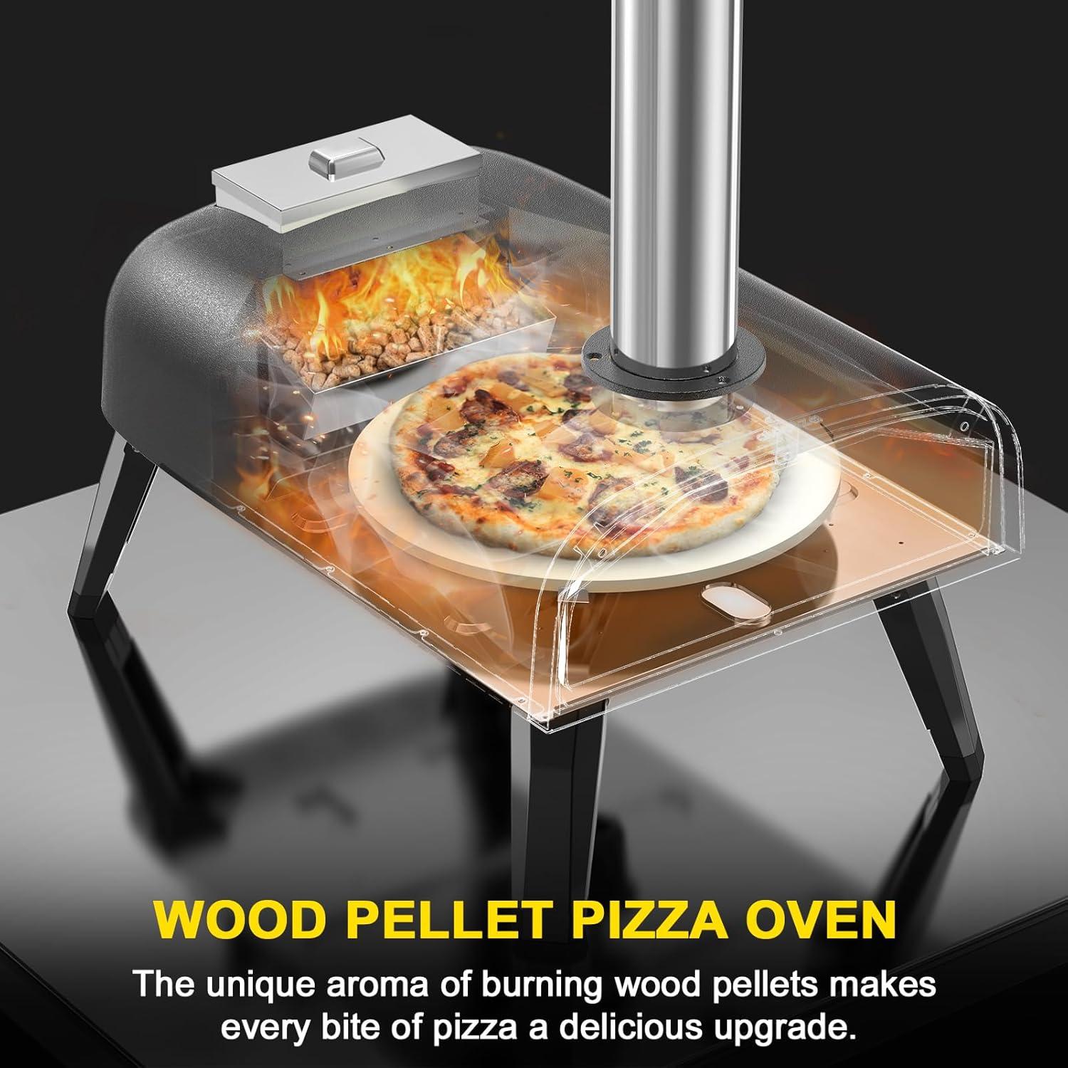 Pizza Oven Outdoor 12" Wood Fired Pizza Ovens Pellet Pizza Stove for Outside, Portable Stainless Steel Pizza Oven for Backyard Pizza Maker Portable Mobile Outdoor Kitchen (Swivel Grey)