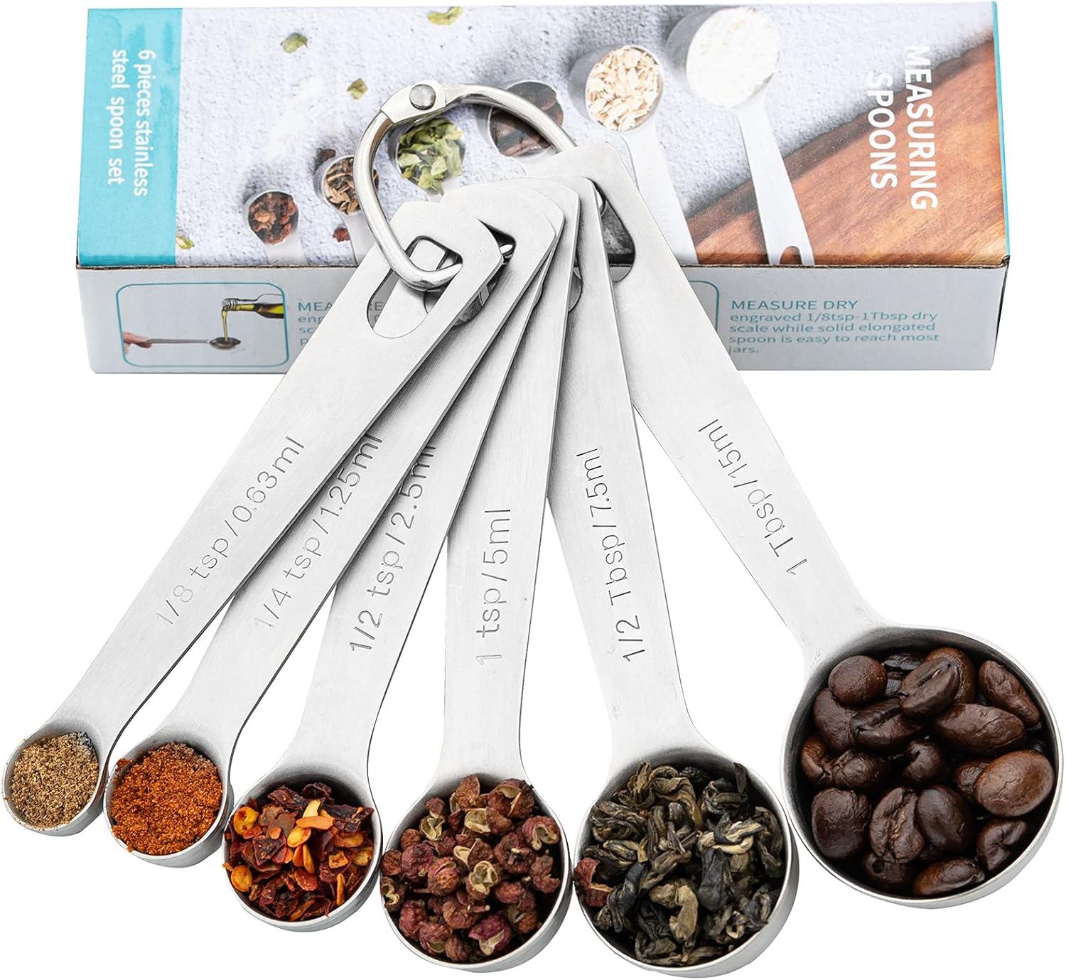 Stainless Steel Measuring Spoons Set of 6 Piece: 1/8 TSP, 1/4 TSP, 1/2 TSP, 1 TSP, 1/2 tbsp & 1 tbsp Dry and Liquid Ingredients