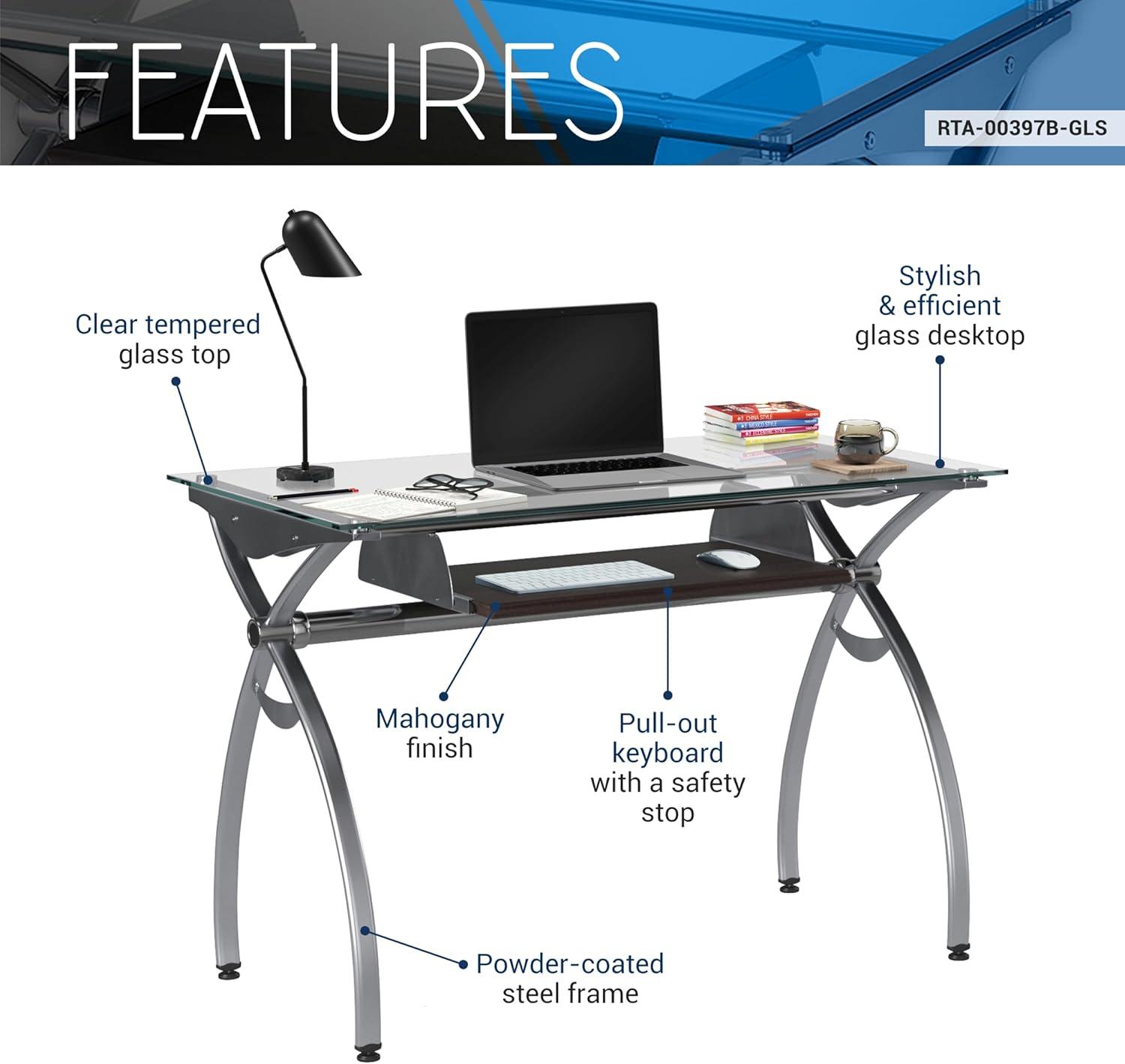 Contempo Clear Glass 43'' Office Desk with Aluminum Legs and Keyboard Tray