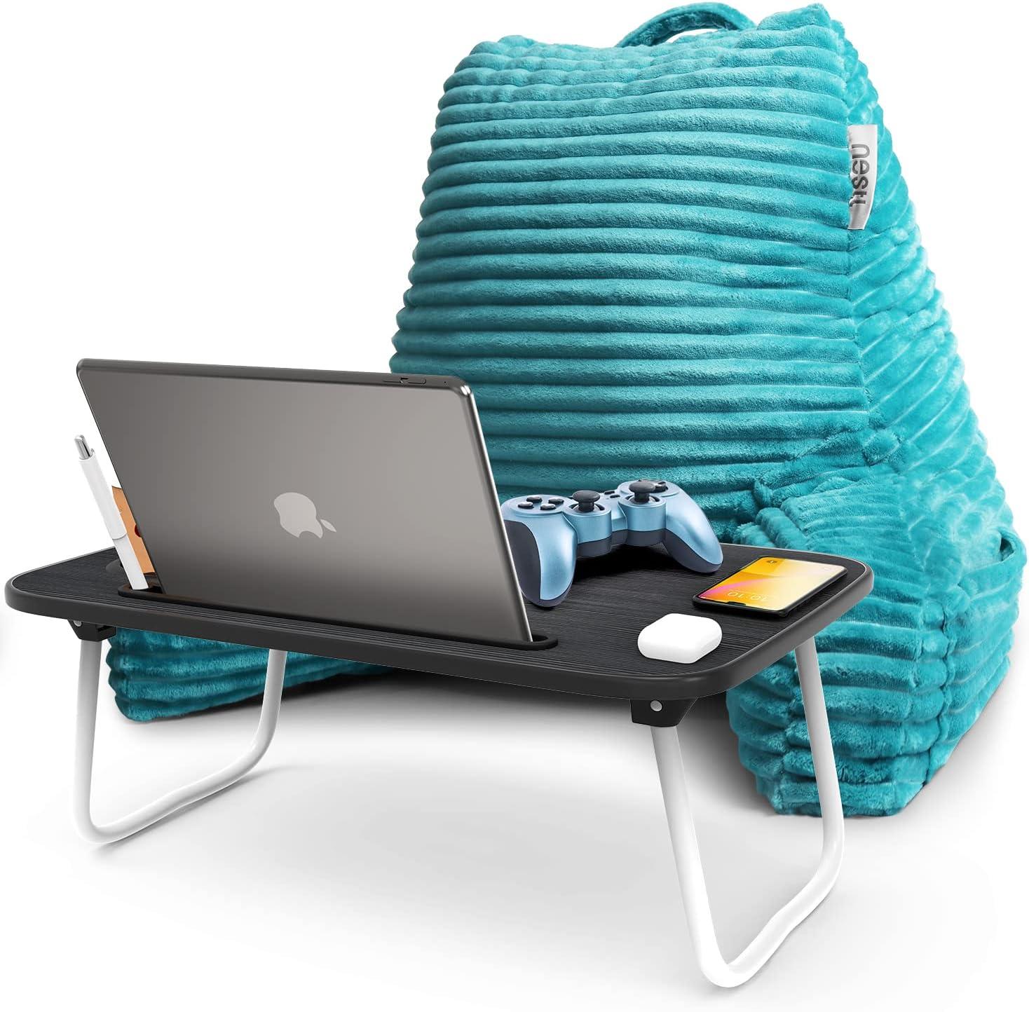 Teal Plush Back Support Pillow with Portable Lap Desk