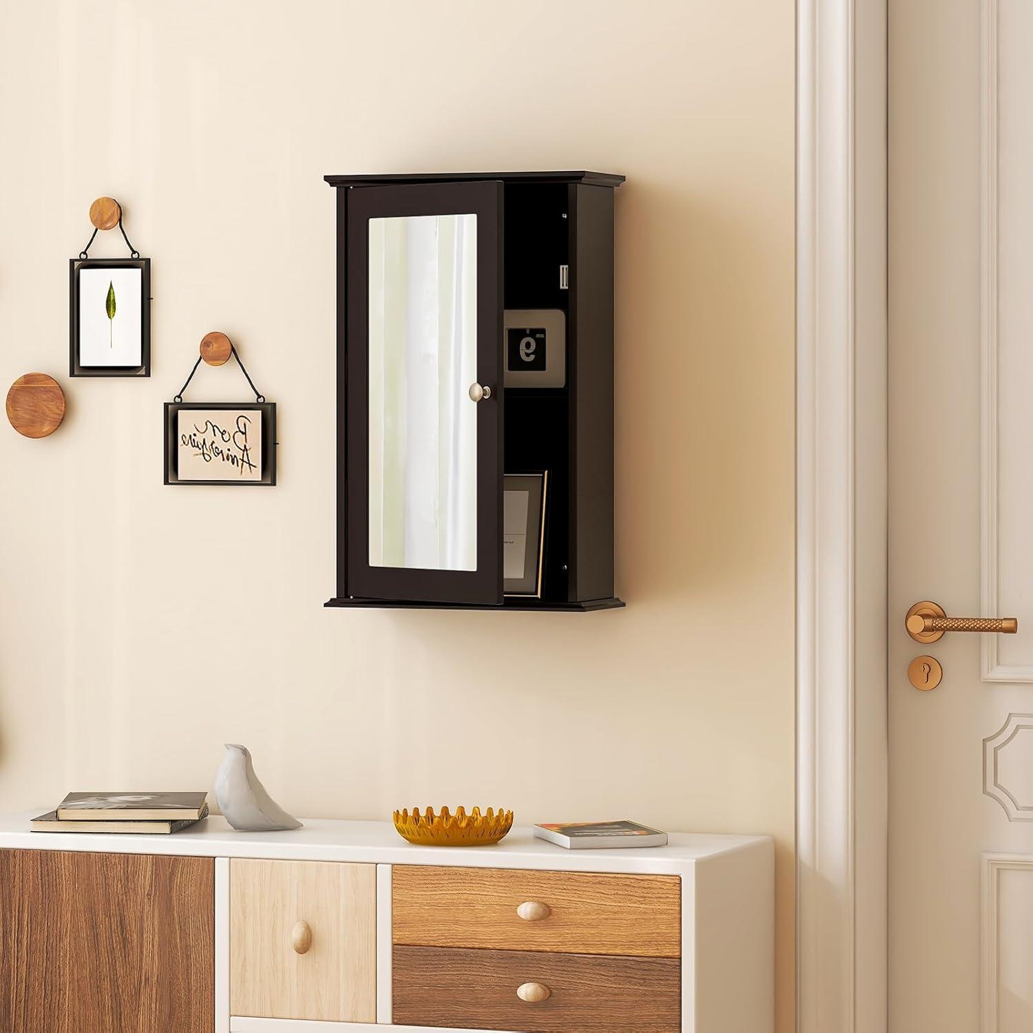 Costway Bathroom Wall Cabinet Single Mirror Door Cupboard Storage Wood Shelf Brown